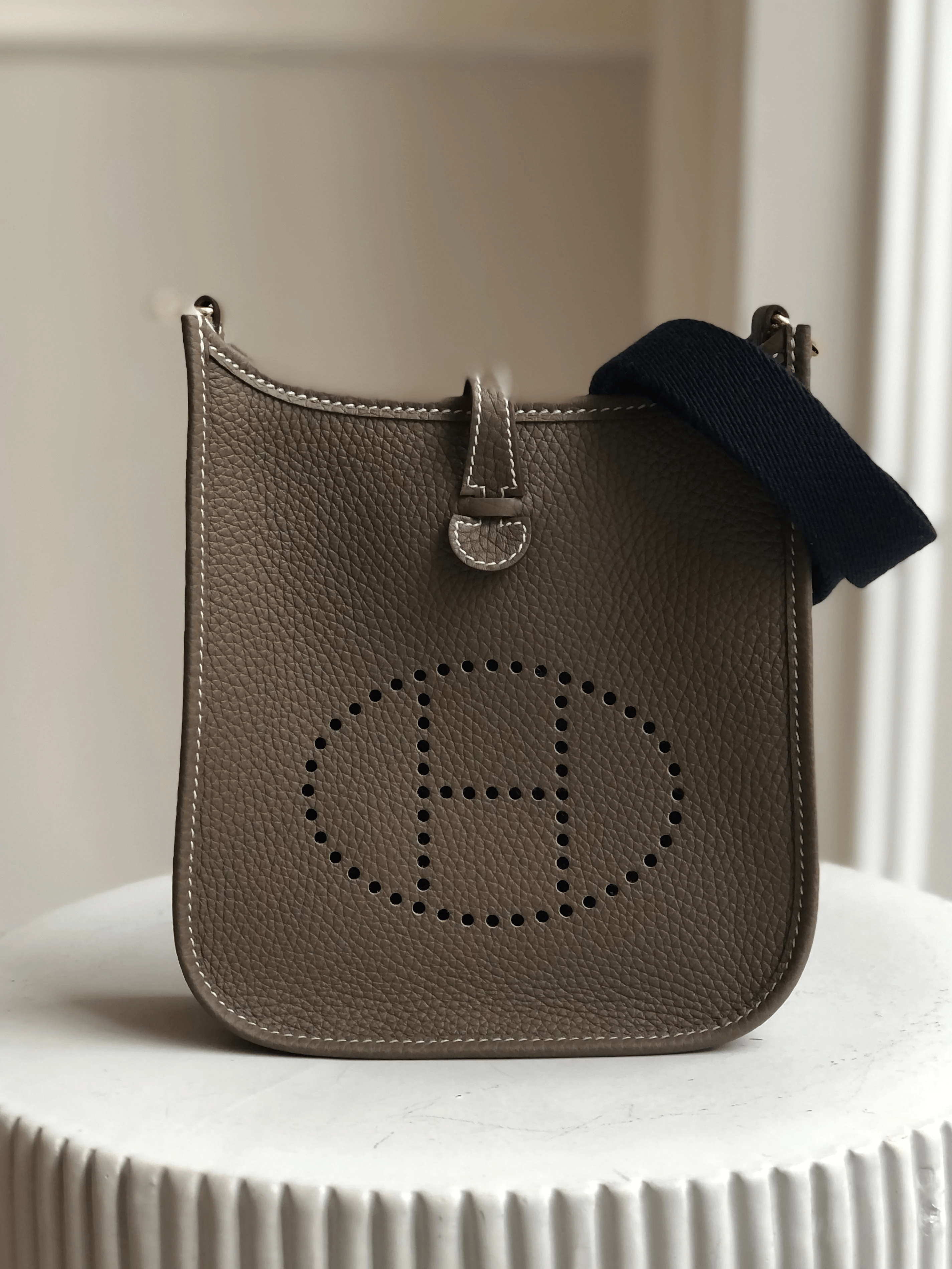 Hermes HERMÈS MINI EVELYN TPM ETOUPE WITH BLUE ENCRE STRAP Clemence Leather with Gold Hardware