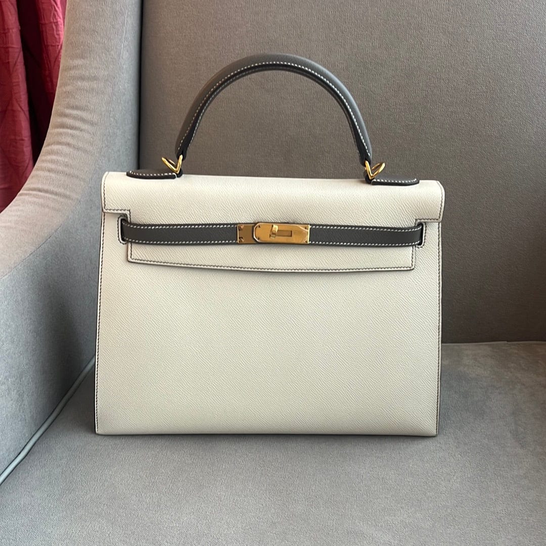 Hermès Preloved HSS Kelly 32 Sellier Craie/ Etoupe Epsom Brushed GHW A Stamp ASC4277