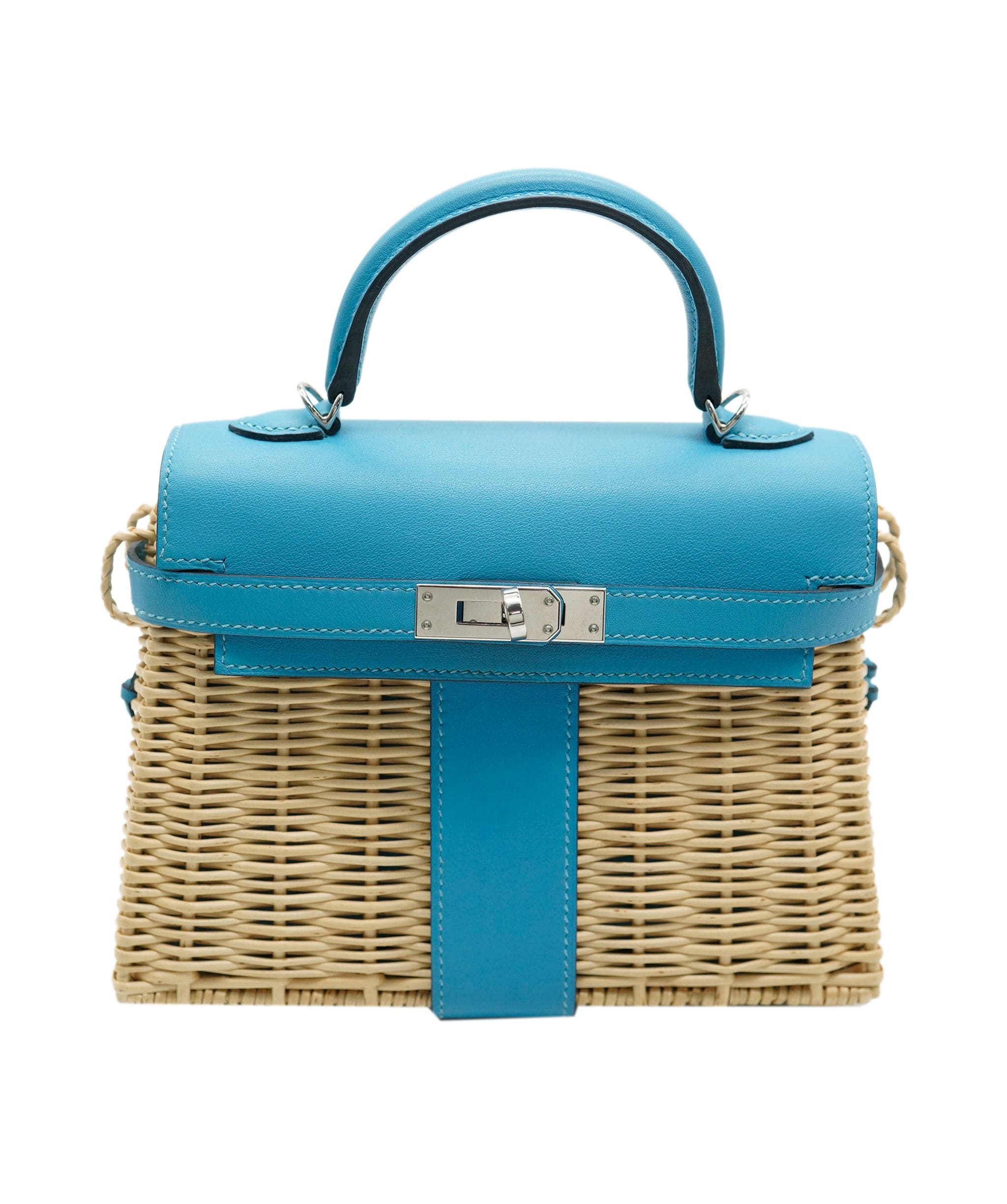 Hermès *SUPER RARE* Hermes Kelly Wicker Picnic 20cm Bag in Bleu du Nord Swift Leather with Palladium Hardware ASL10429