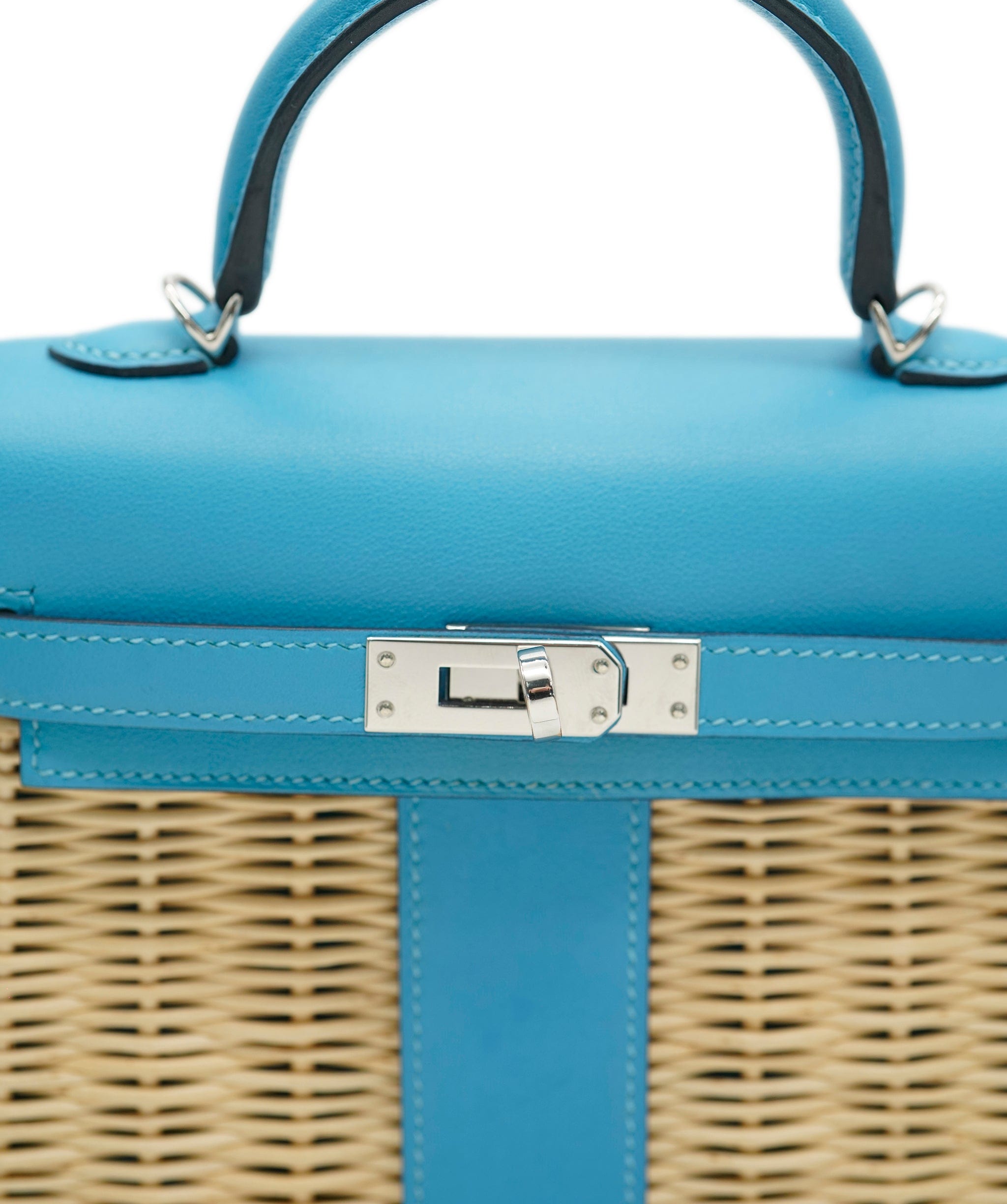 Hermès *SUPER RARE* Hermes Kelly Woicker Picnic 20cm Bag in Bleu du Nord Swift Leather with Palladium Hardware ASL10429