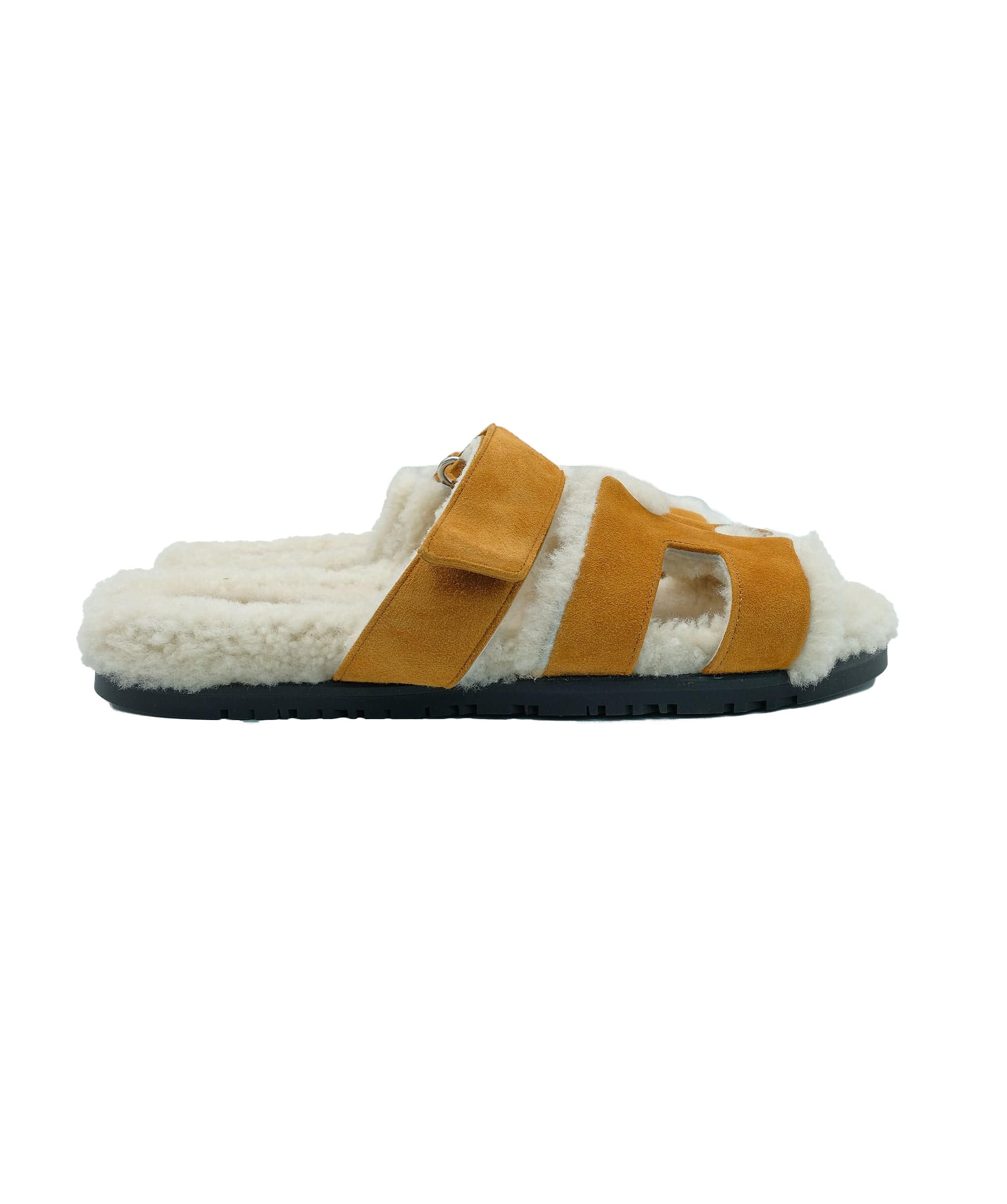 Hermès Hermes Tan Suede and Shearling Fur Lined Chypre Sandals Size 39