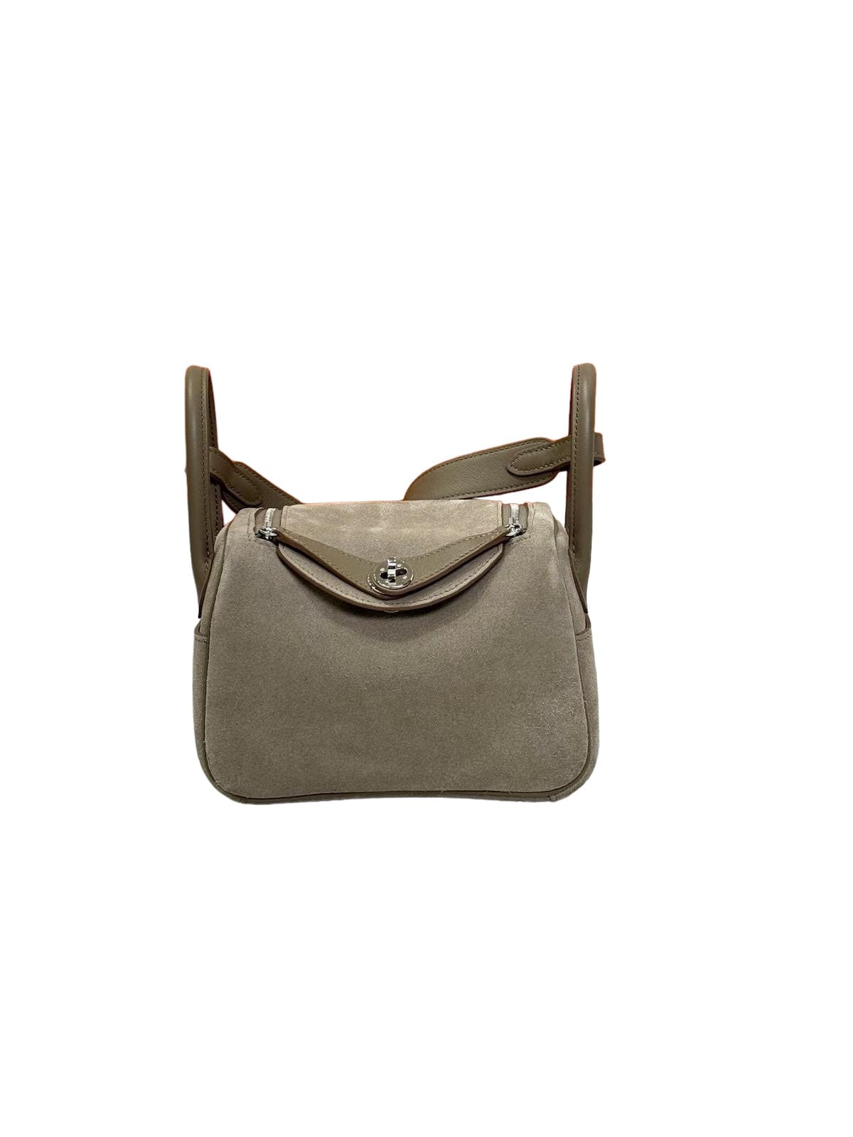 Hermes HERMÈS Mini Lindy shoulder bag in Etoupe Doblis Suede leather and Swift leather with Palladium hardware