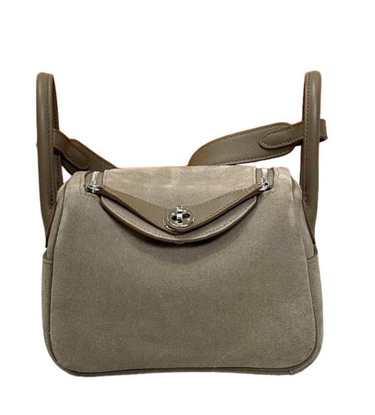 Hermes HERMÈS Mini Lindy shoulder bag in Etoupe Doblis Suede leather and Swift leather with Palladium hardware