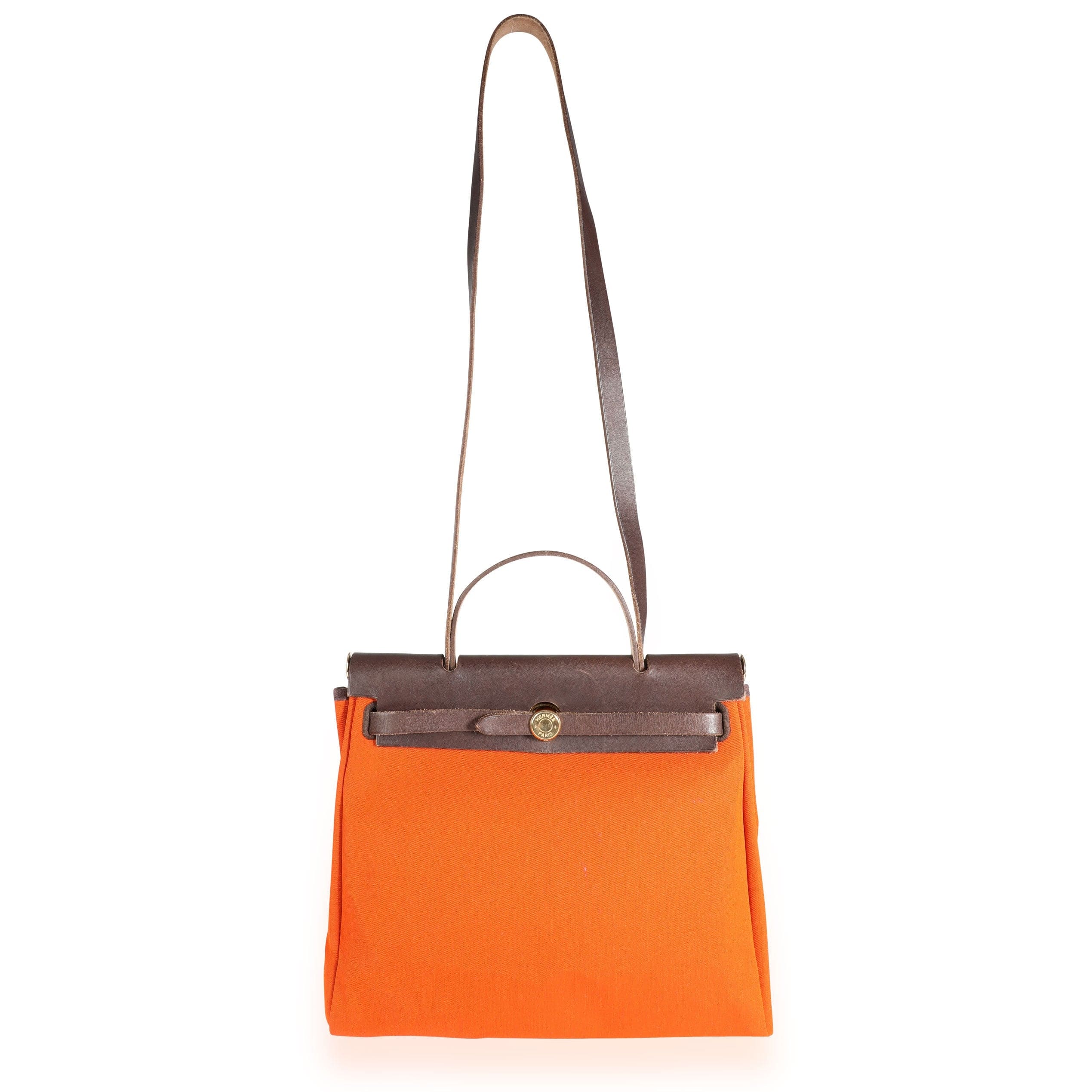 Hermès Hermès Orange & Red Toile 2-in-1 Herbag with Ébène Vache Hunter Leather