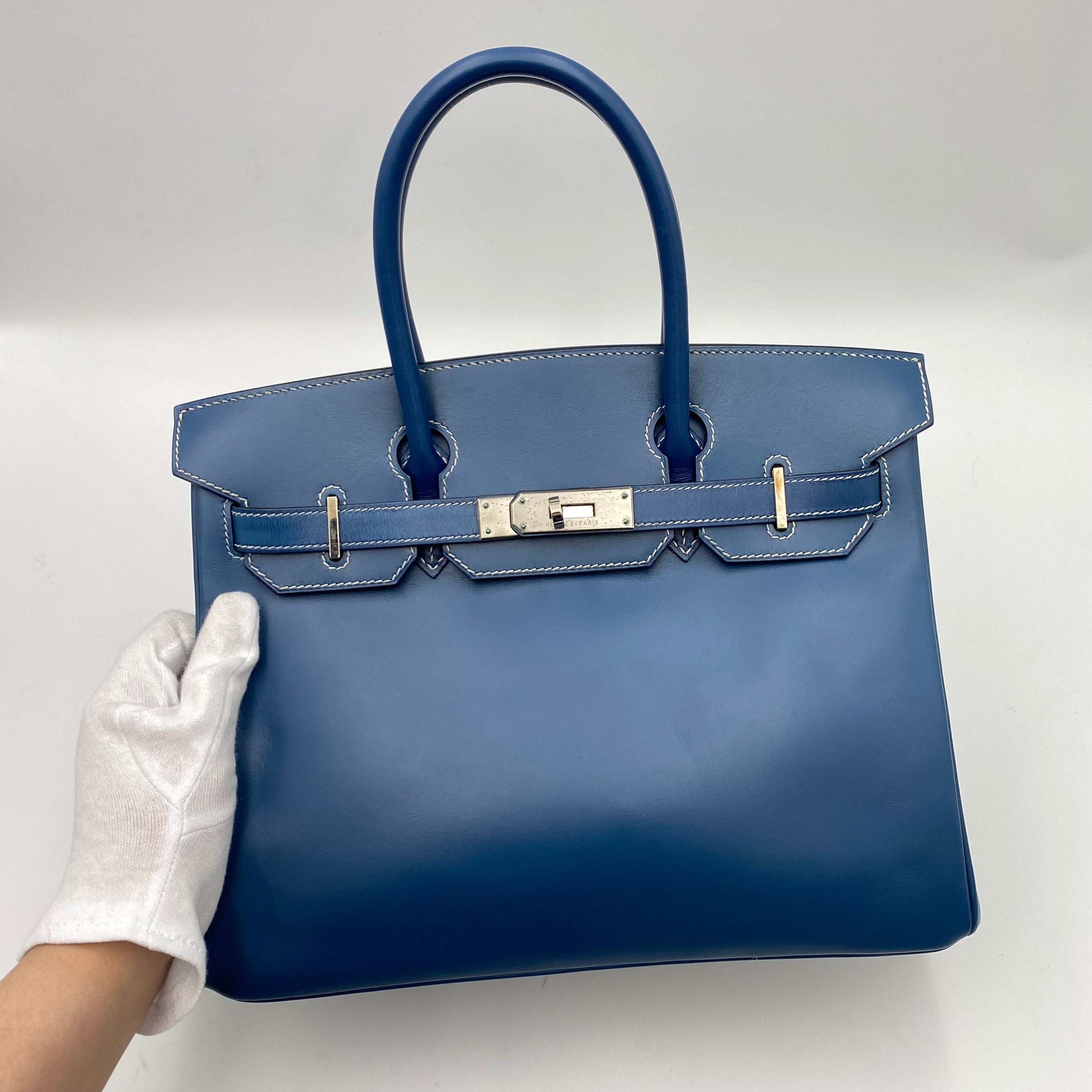 Hermès HERMES BIRKIN 30 BLUE TYPE BOXCALF HAND BAG □H SHW 90225278