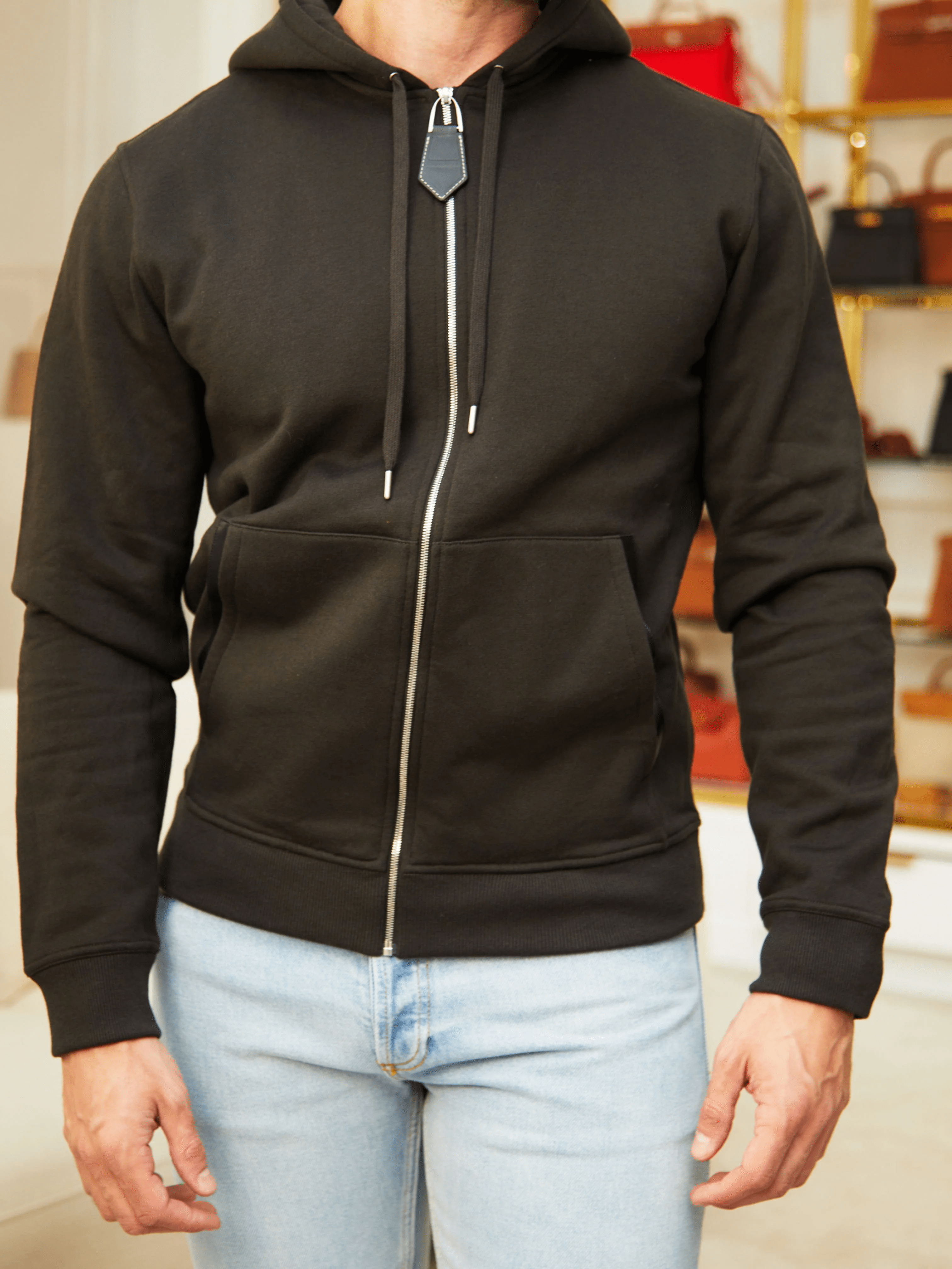 Hermès HERMÈS Hooded Sweatshirt with Leather Detail in Black