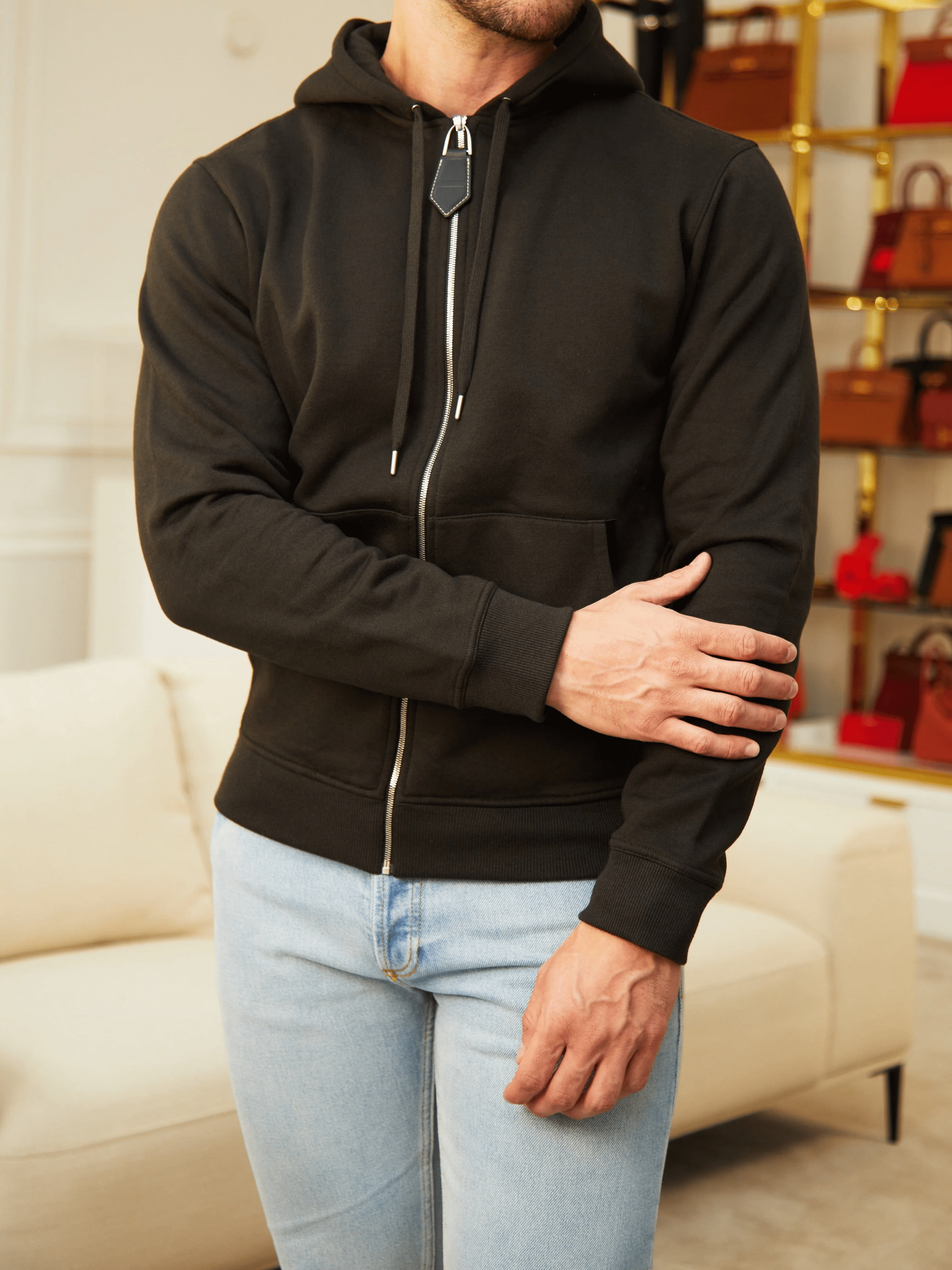 Hermès HERMÈS Hooded Sweatshirt with Leather Detail in Black