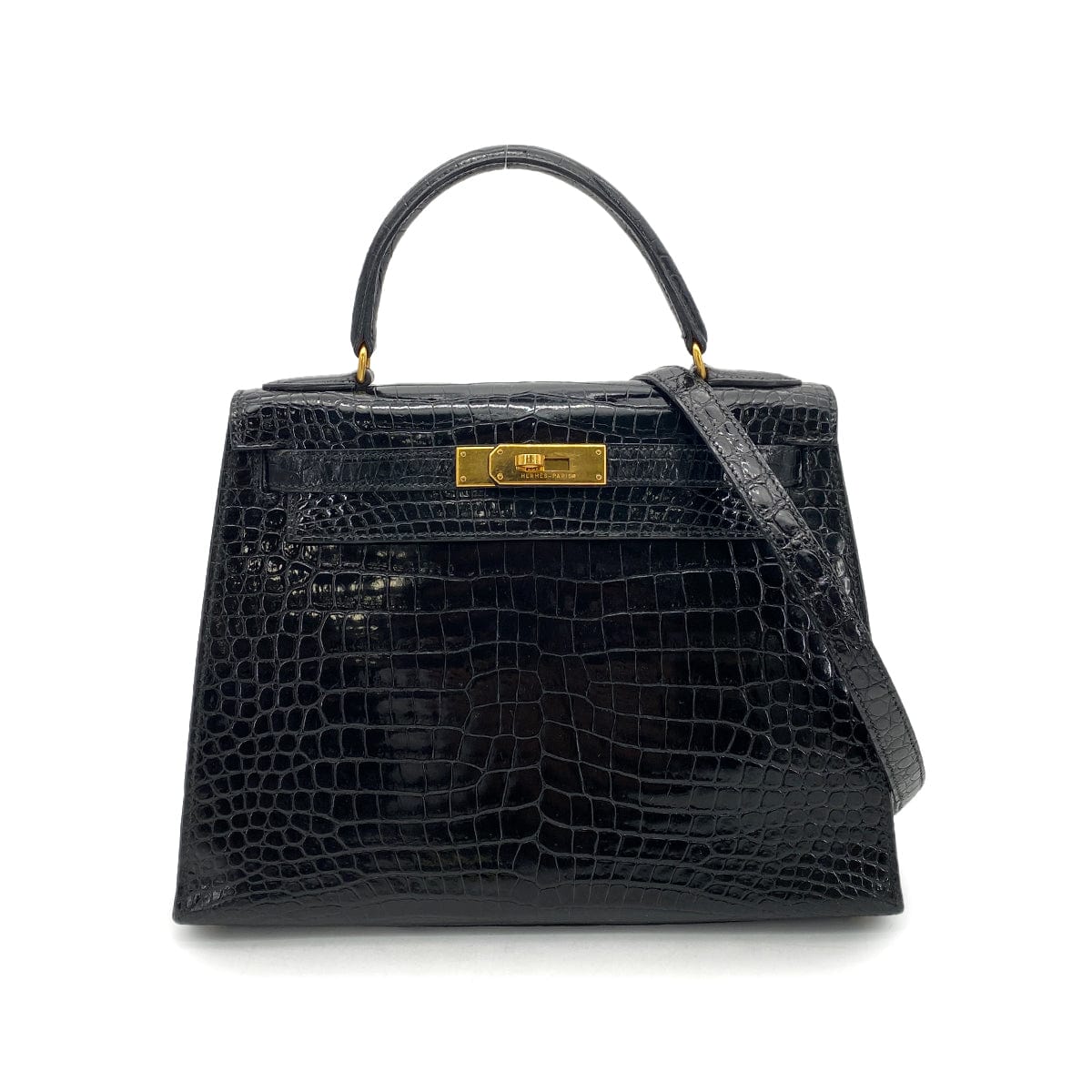 Hermès HERMES KELLY 28 SELLIER BLACK POROSUS CROCODILE HAND SHOULDER BAG 〇Y 90260139