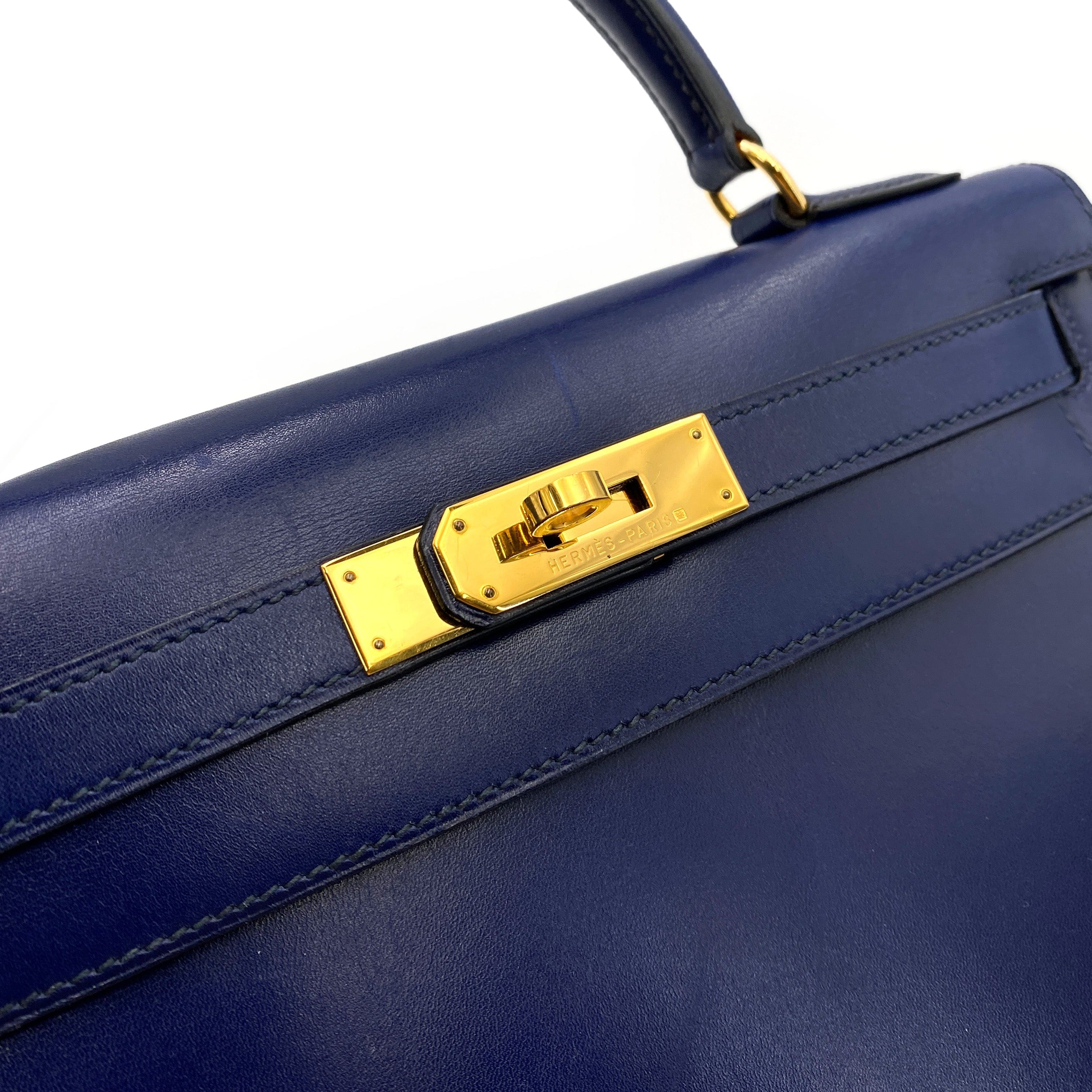 Hermês HERMES KELLY 28 SELLIER BLUE Sapphire BOXCALF HAND SHOULDER BAG 〇Y 90244821