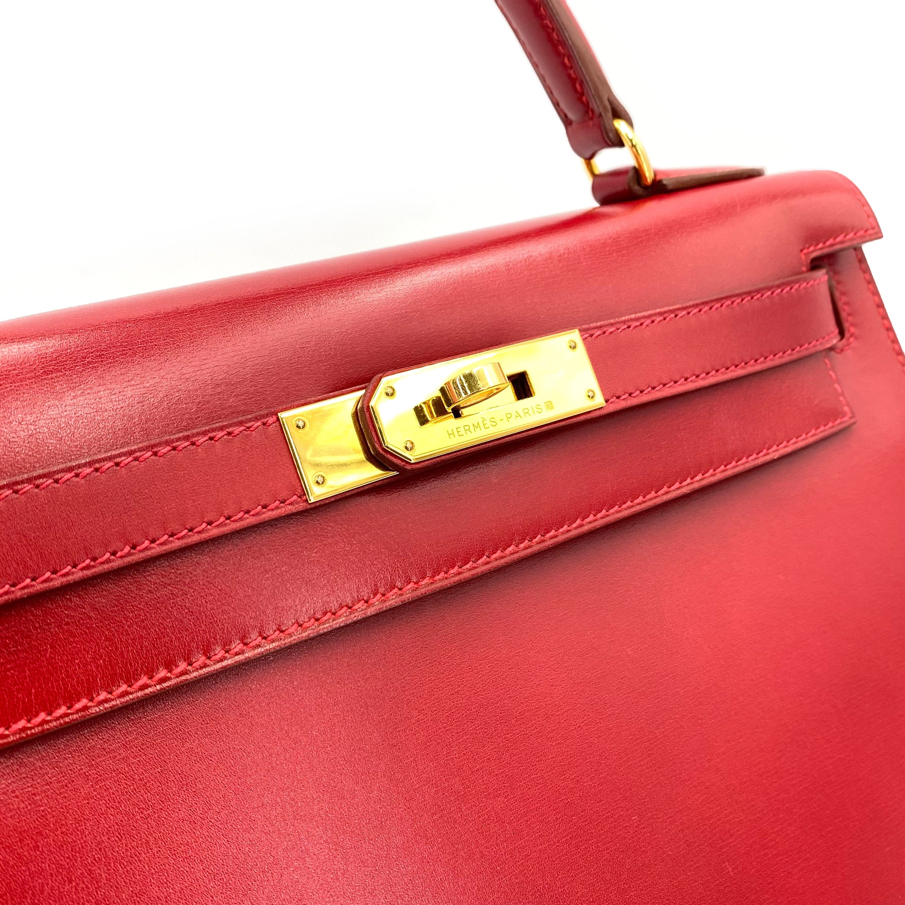 HERMES HERMES KELLY 28 SELLIER ROUGE VIF BOXCALF HAND BAG □C 90241664