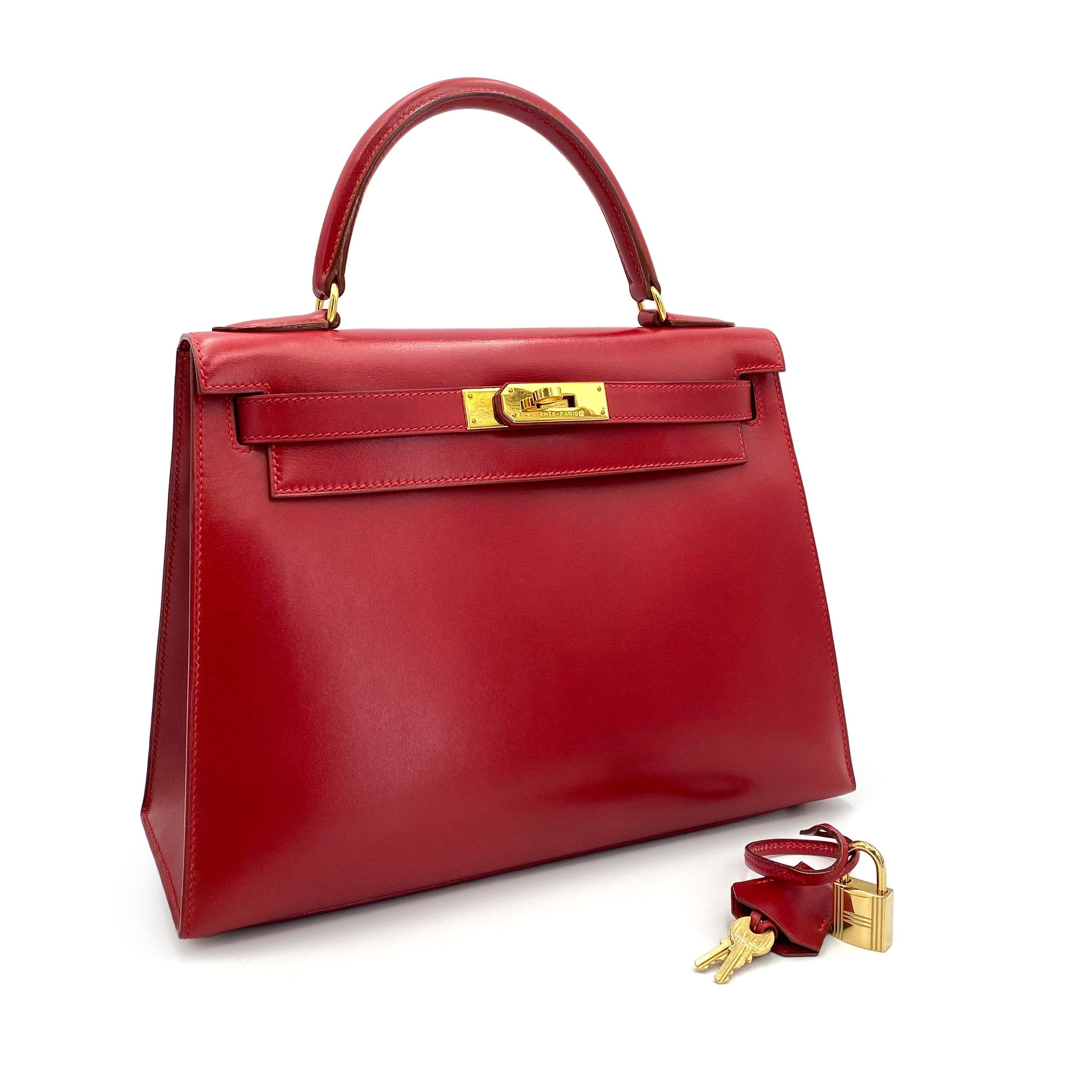 HERMES HERMES KELLY 28 SELLIER ROUGE VIF BOXCALF HAND BAG □C 90241664