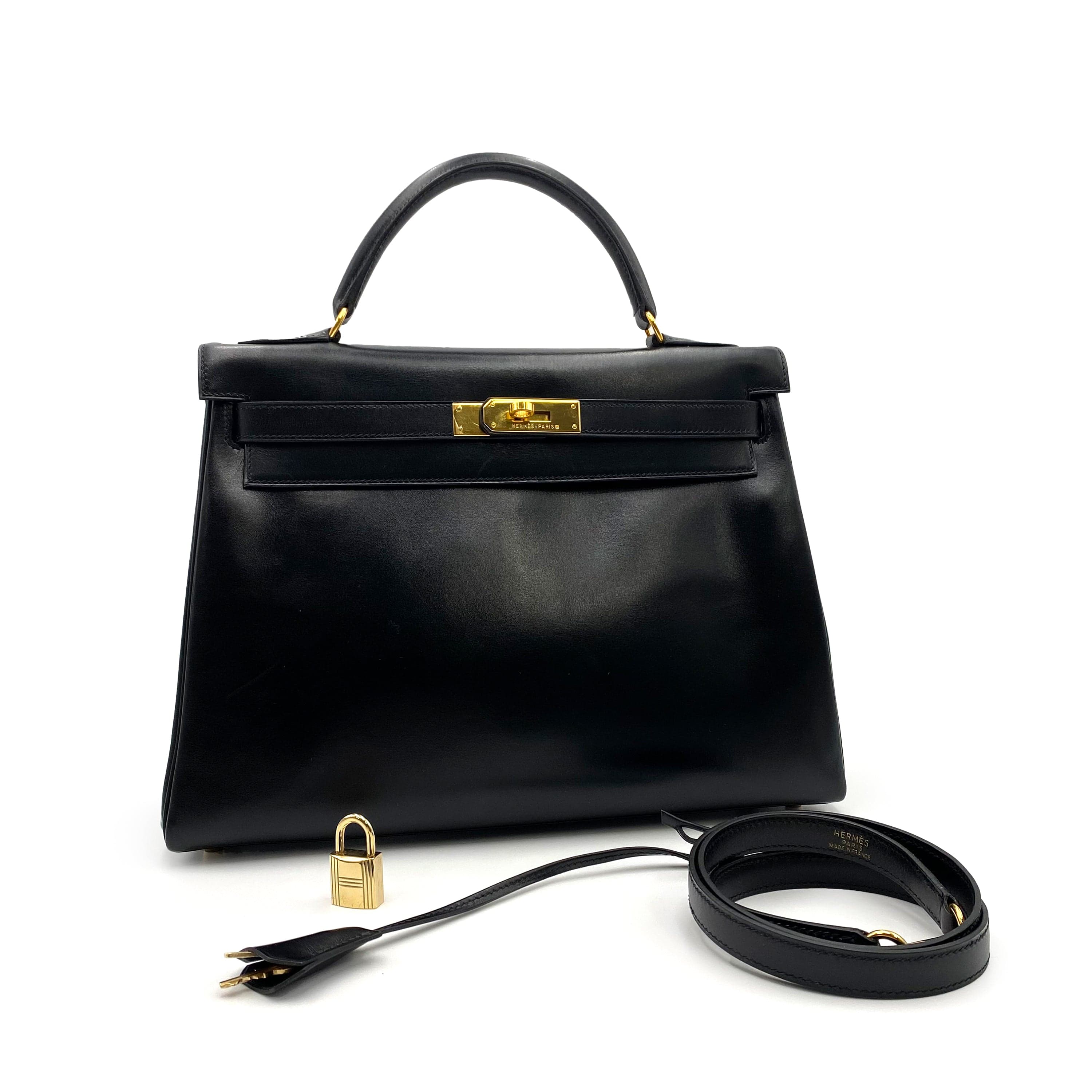 Hermès HERMES KELLY 32 RETOURNE BLACK BOXCALF HAND SHOULDER BAG □B 90231581