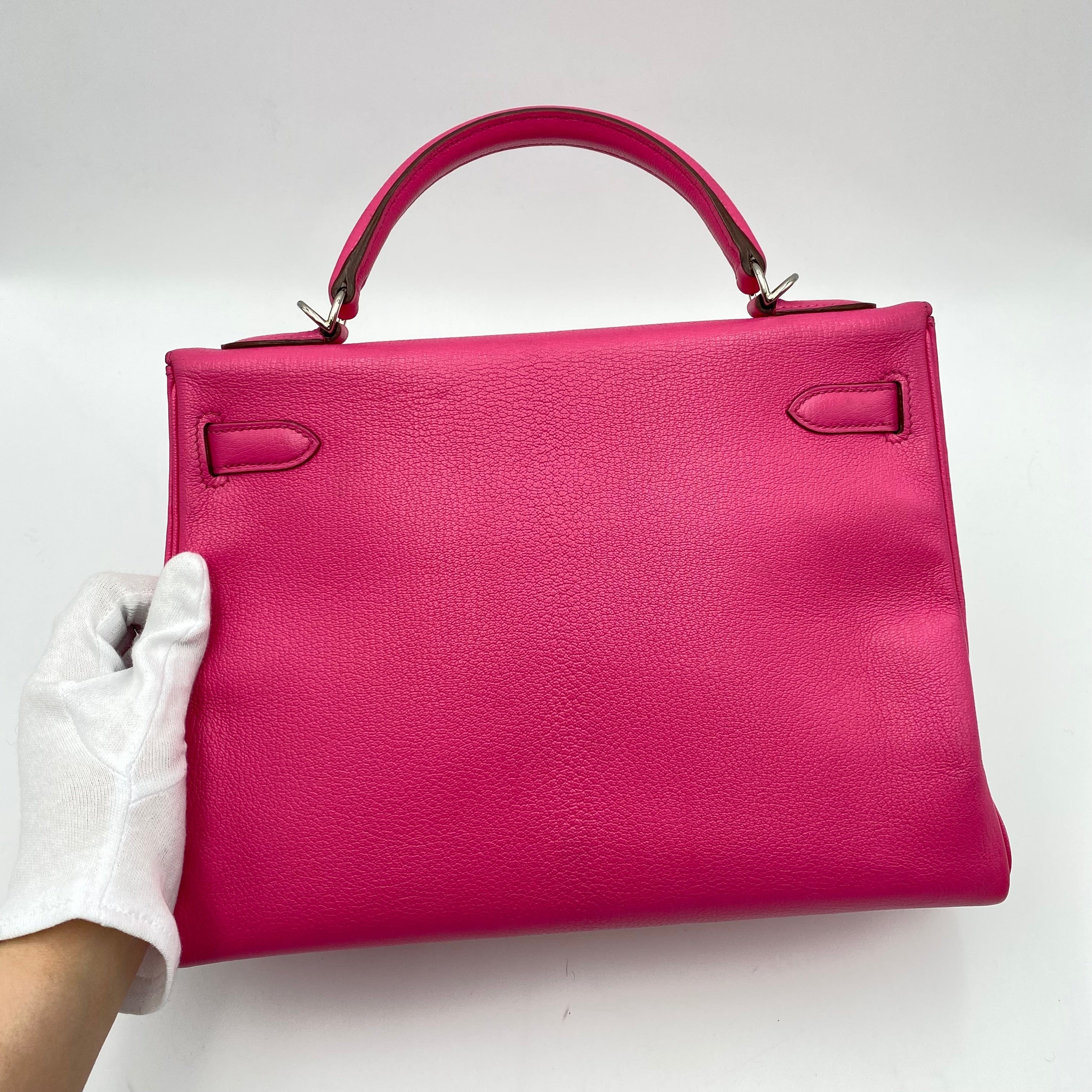 Hermès HERMES KELLY 32 RETOURNE ROSE SHOCKING CHEVRE HAND SHOULDER BAG □R SHW 90225633