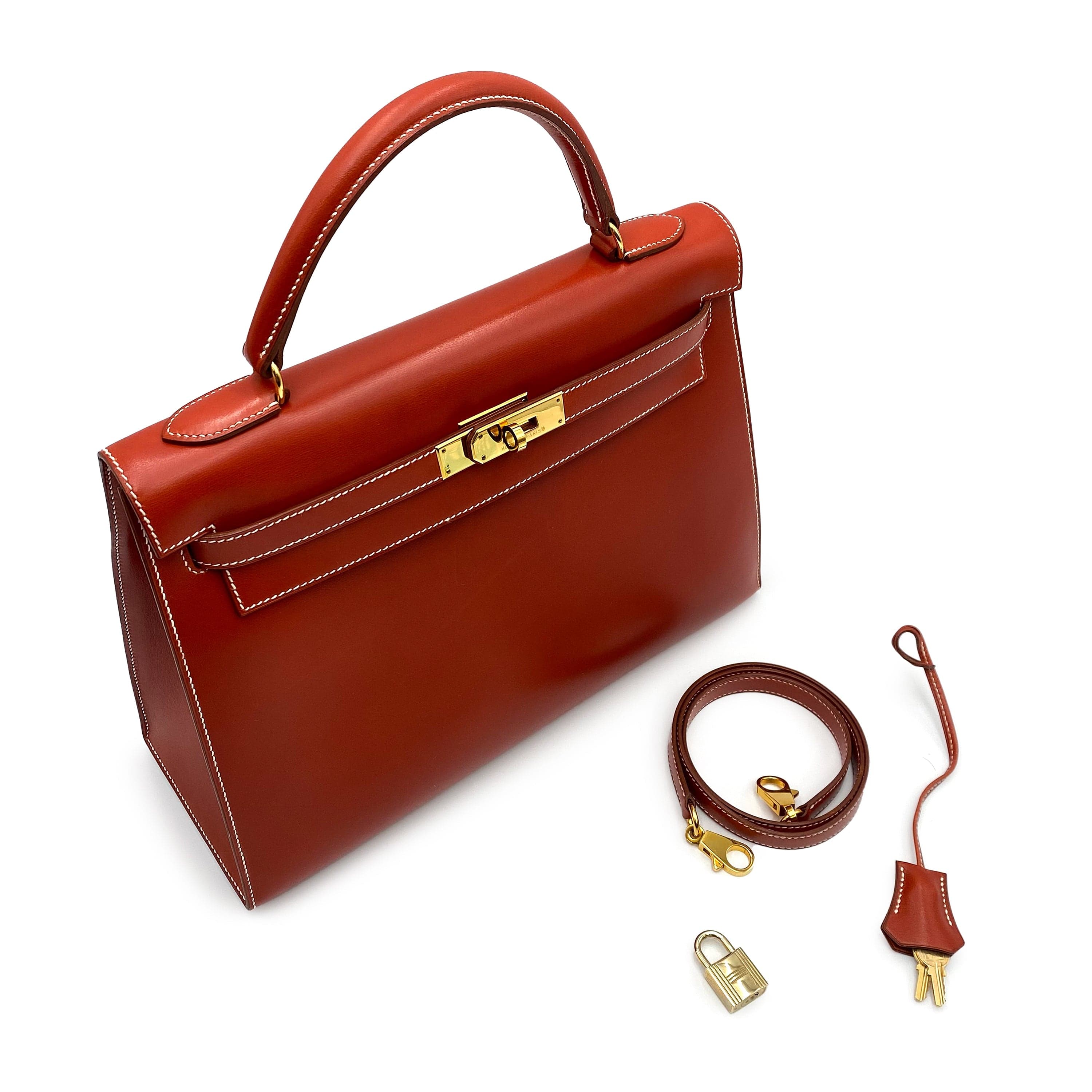 Hermès HERMES KELLY 32 SELLIER BRIQUE BOXCALF HAND SHOULDER BAG 〇Z 90225642