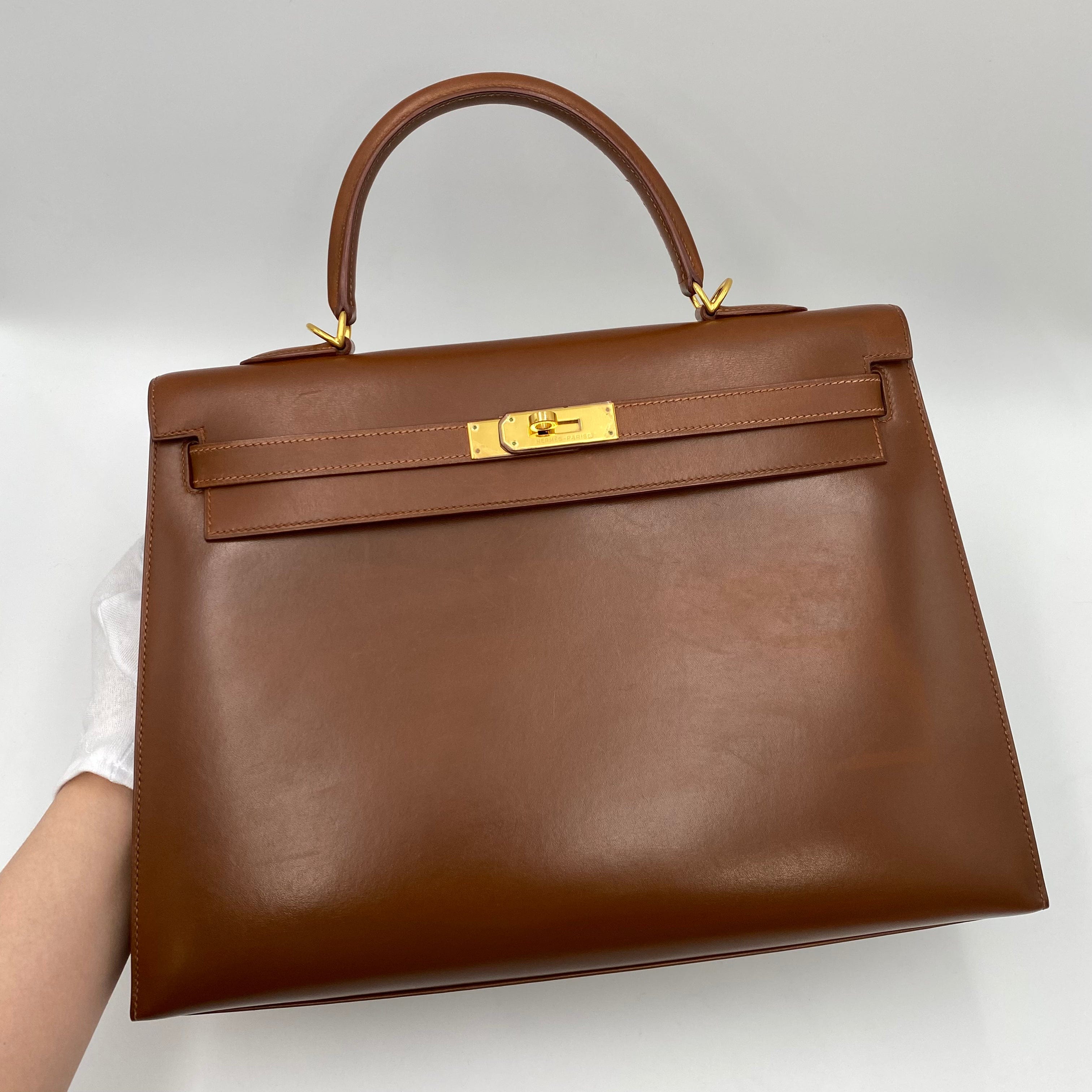 Hermès HERMES KELLY 35 SELLIER BROWN BOXCALF HAND SHOULDER BAG □E 221555