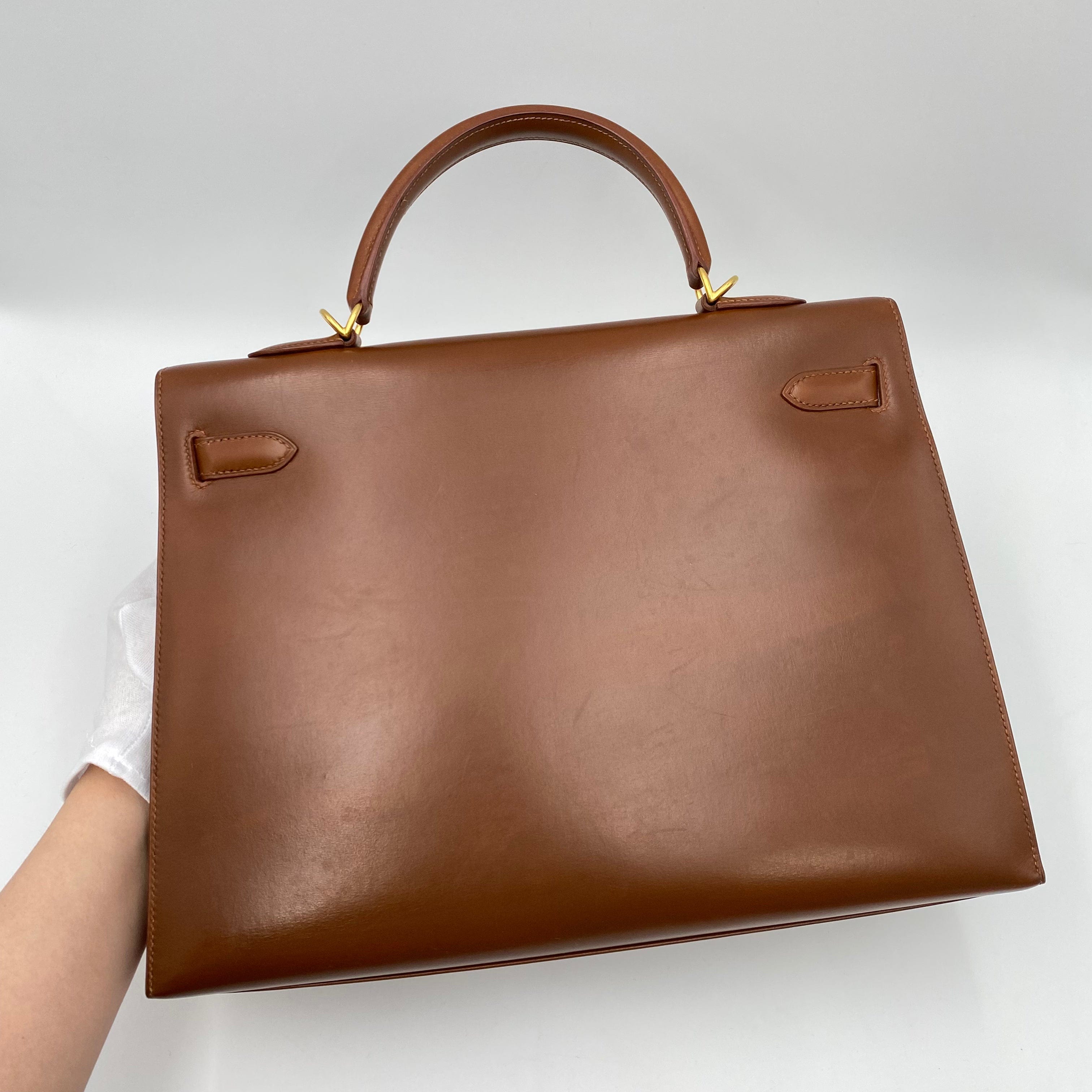 Hermès HERMES KELLY 35 SELLIER BROWN BOXCALF HAND SHOULDER BAG □E 221555