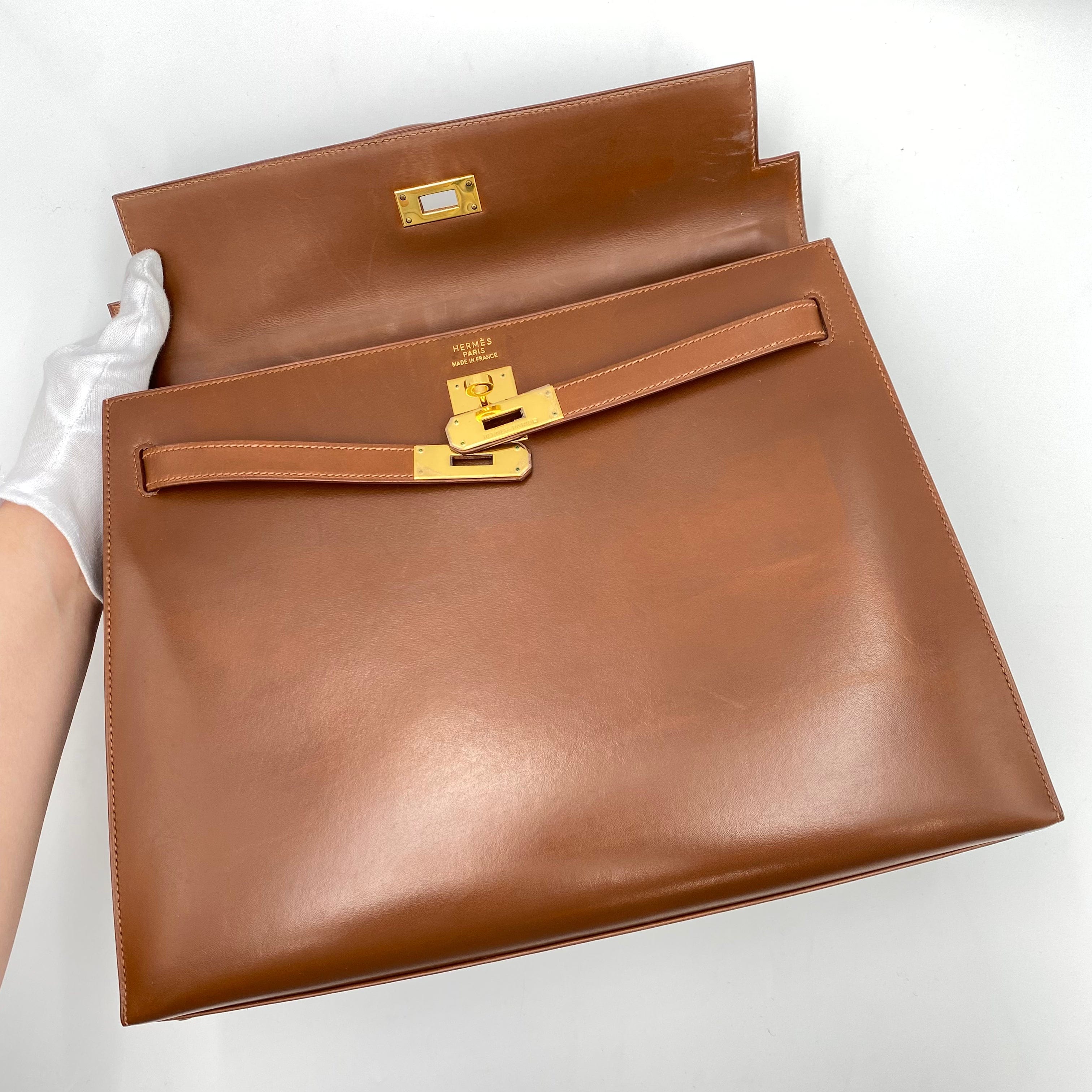 Hermès HERMES KELLY 35 SELLIER BROWN BOXCALF HAND SHOULDER BAG □E 221555