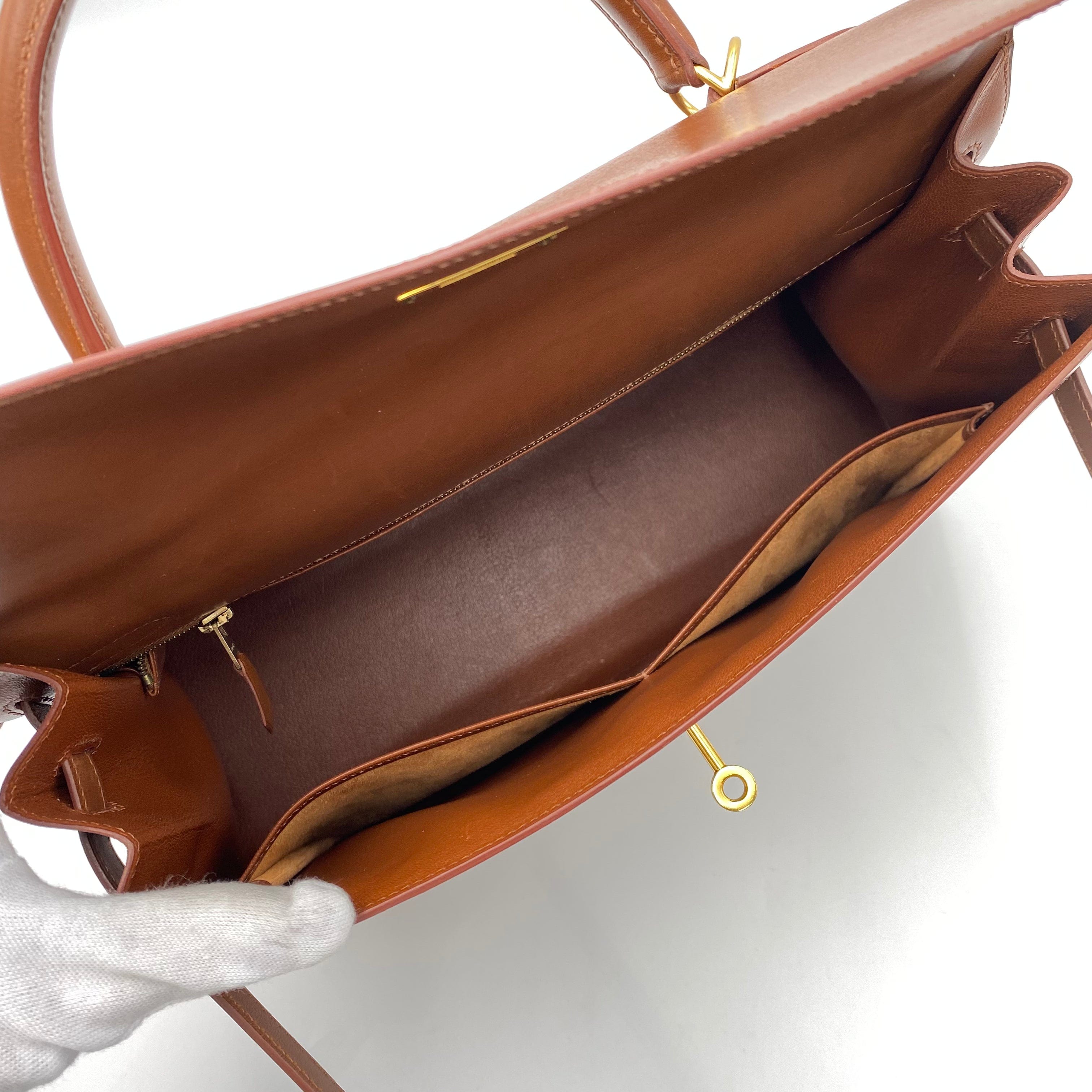 Hermès HERMES KELLY 35 SELLIER BROWN BOXCALF HAND SHOULDER BAG □E 221555