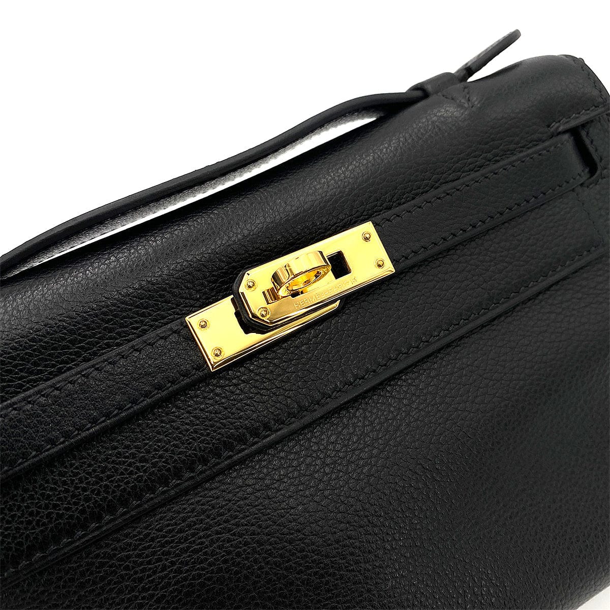 HERMES HERMES KELLY POCHETTE SELLIER BLACK EVERGRAIN HAND BAG □H GHW 90247192