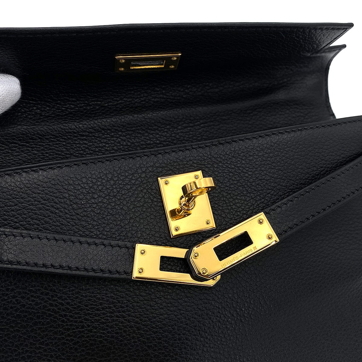 HERMES HERMES KELLY POCHETTE SELLIER BLACK EVERGRAIN HAND BAG □H GHW 90247192