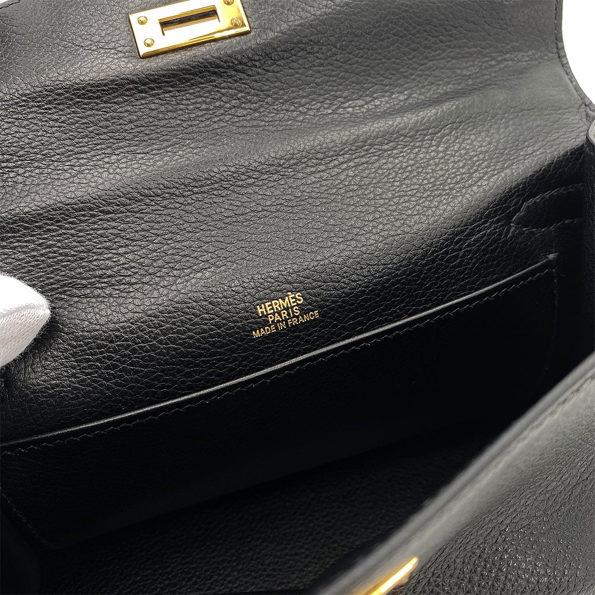 HERMES HERMES KELLY POCHETTE SELLIER BLACK EVERGRAIN HAND BAG □H GHW 90247192