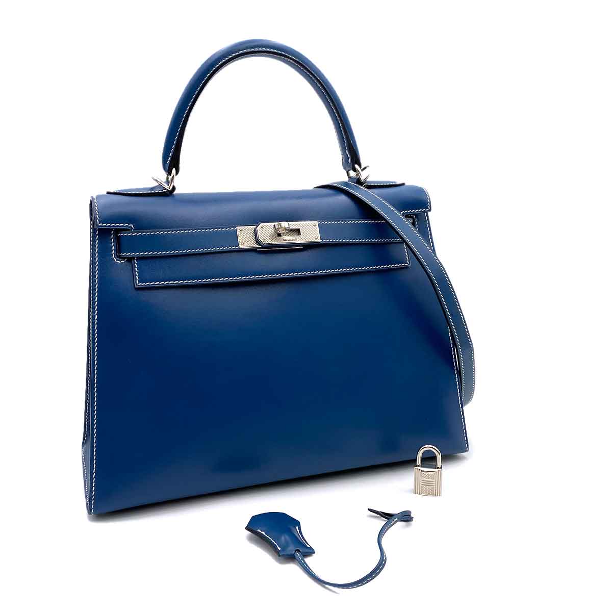 Hermès Hermès Vintage Kelly 28 Sellier Blue Thalassa Boxcalf Guilloche HW #H 90234347