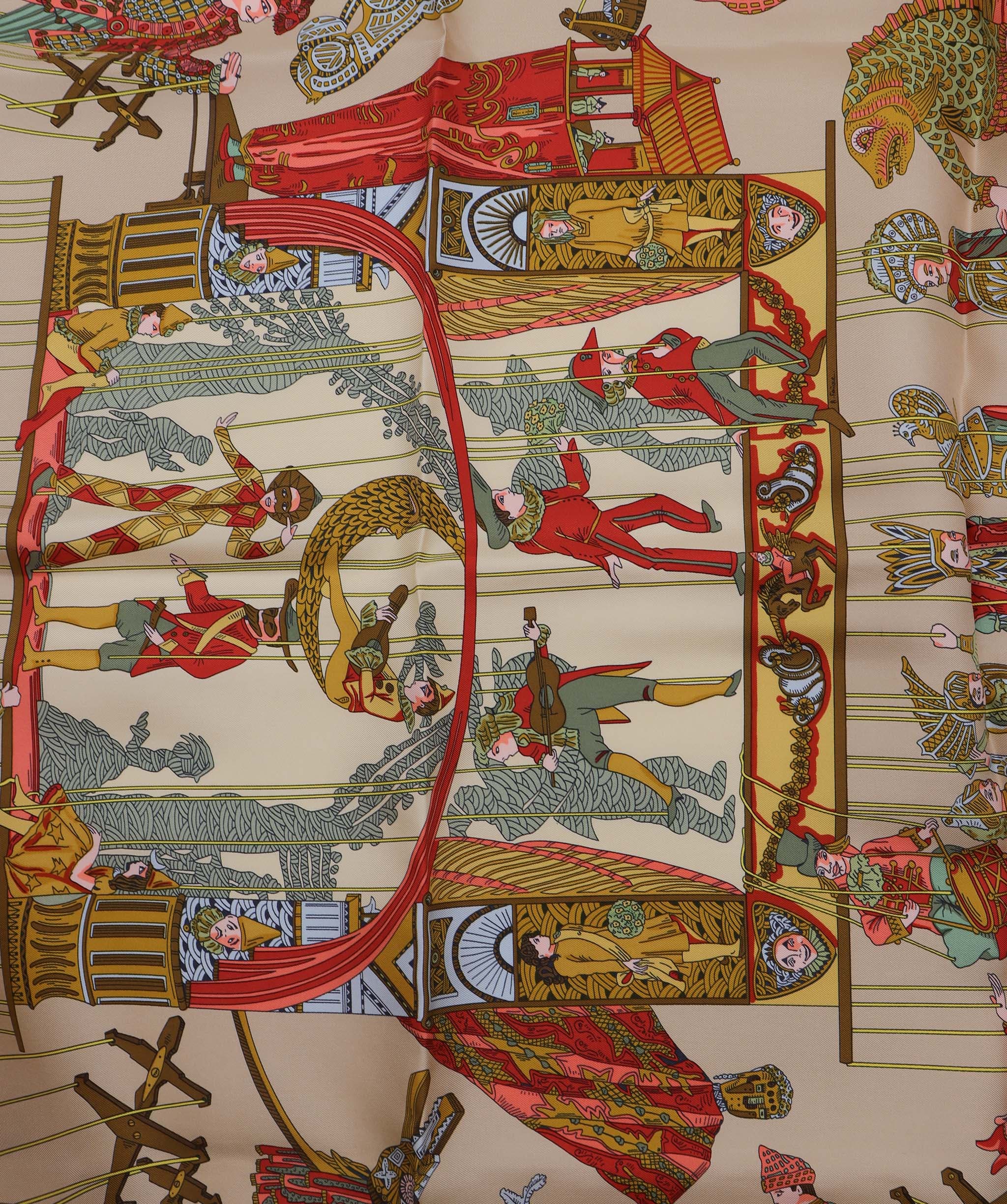 Hermès HERMES Carre 90 Scarf ""LE TEMPS des MARIONNETTES"" Silk Beige Auth am6535 DXBV0340