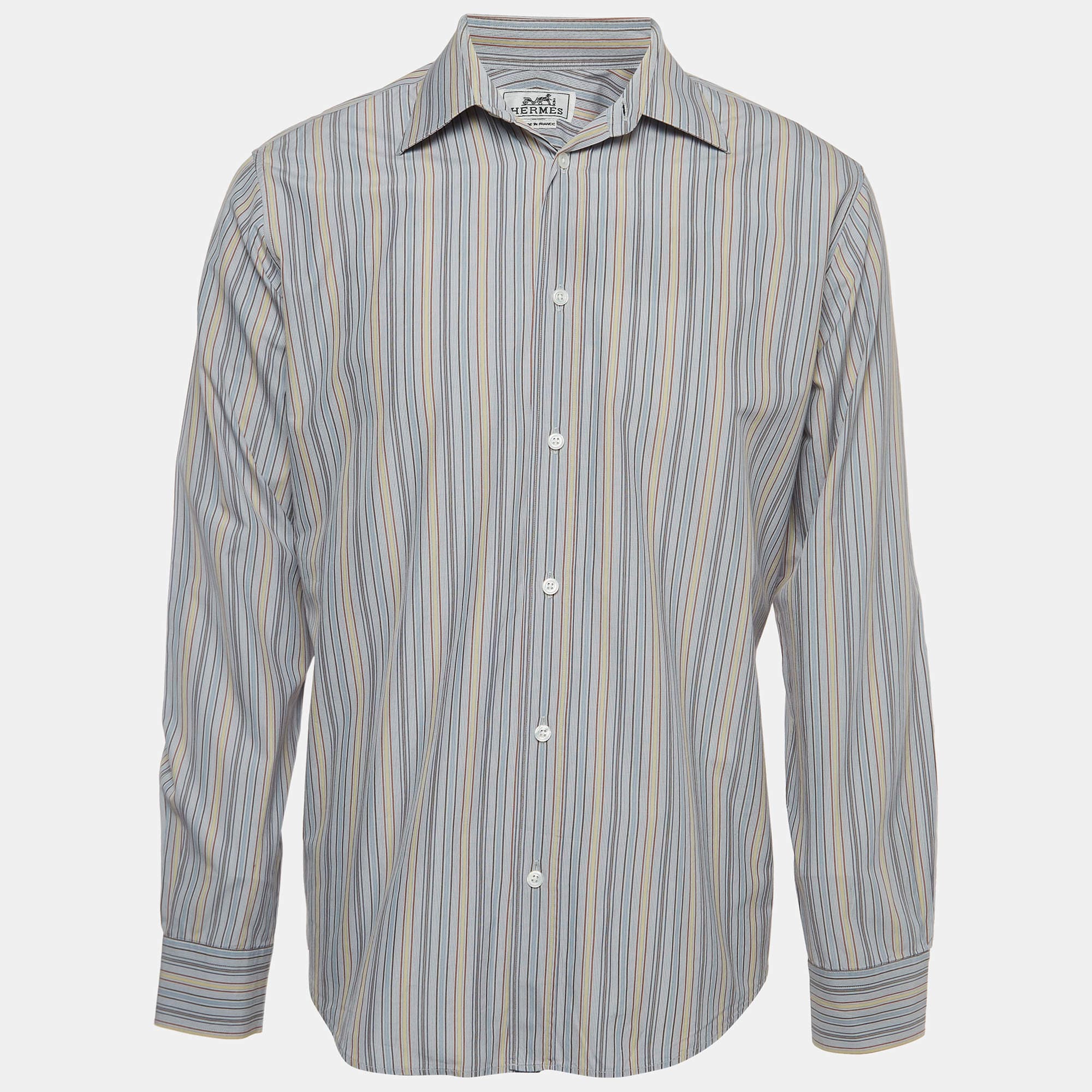 Hermès Hermes Blue Striped Cotton Button Front Full Sleeve Shirt L ASCLC2425