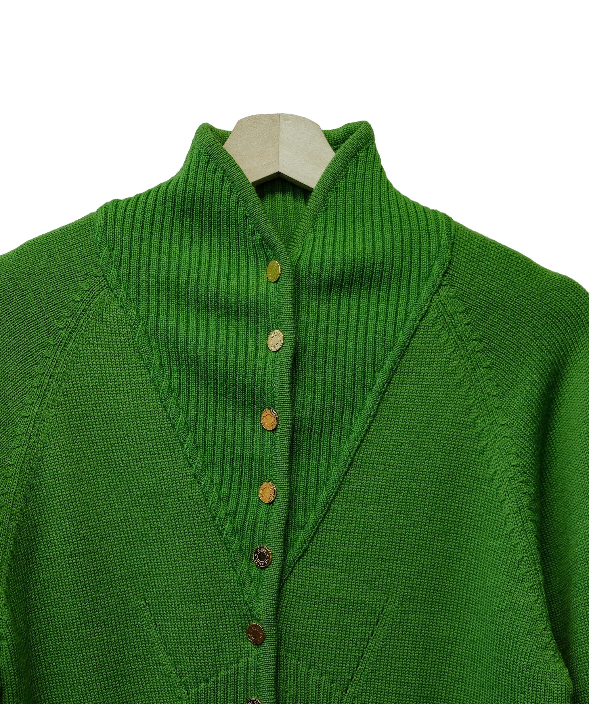 Hermès Hermes Gold Buttons Ribbed Sweater Green ASL10427