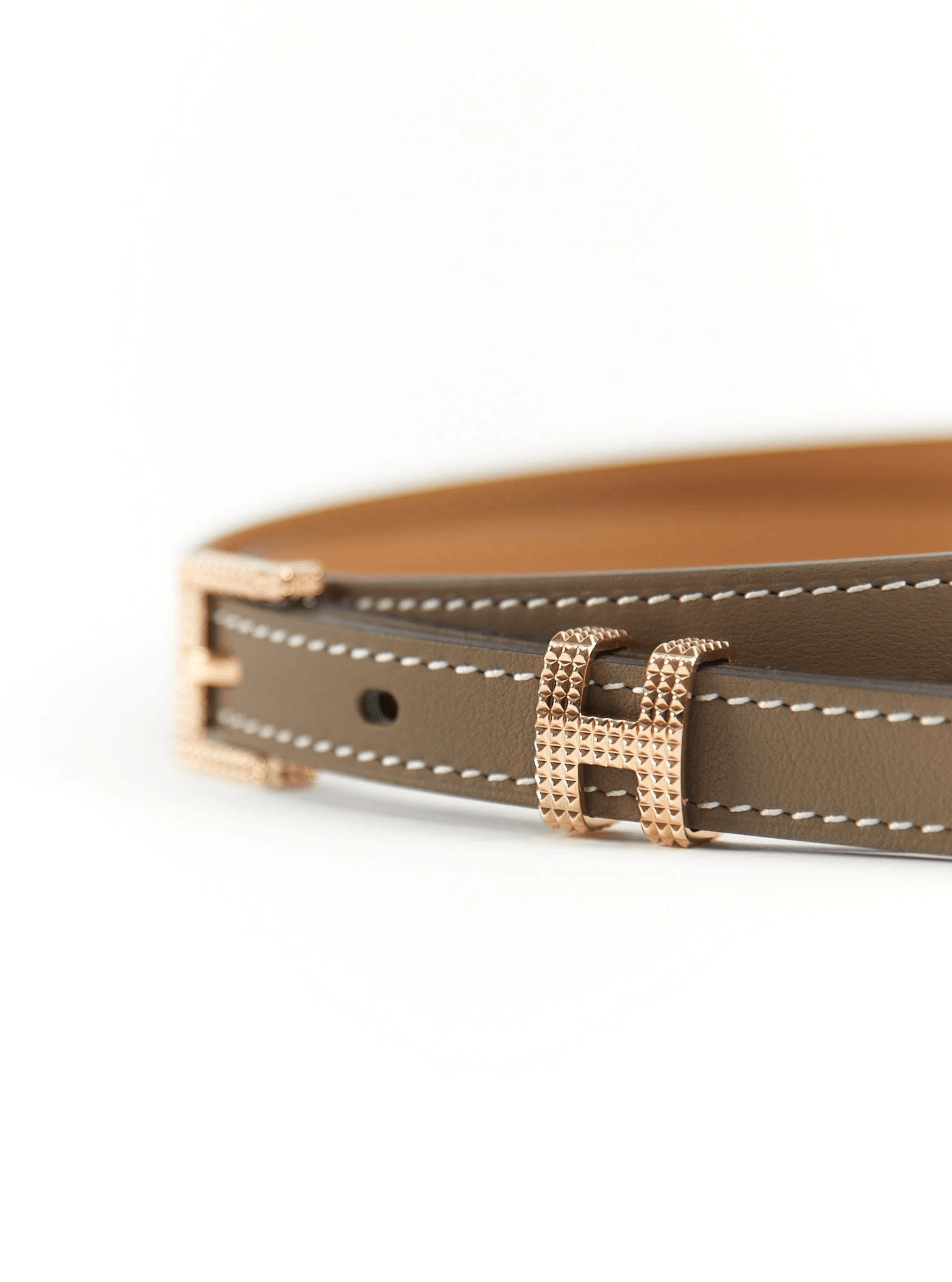 Hermès HERMÈS POP H 15 GUILLOCHEE BELT 85 Etoupe Swift Leather with Rose Gold Hardware