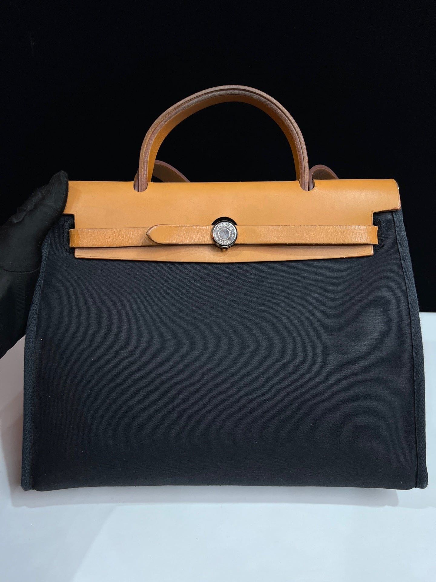 Iconn Boutique Hermès Herbag 31 Black Canvas Tan Leather Silver Hardware G Stamp