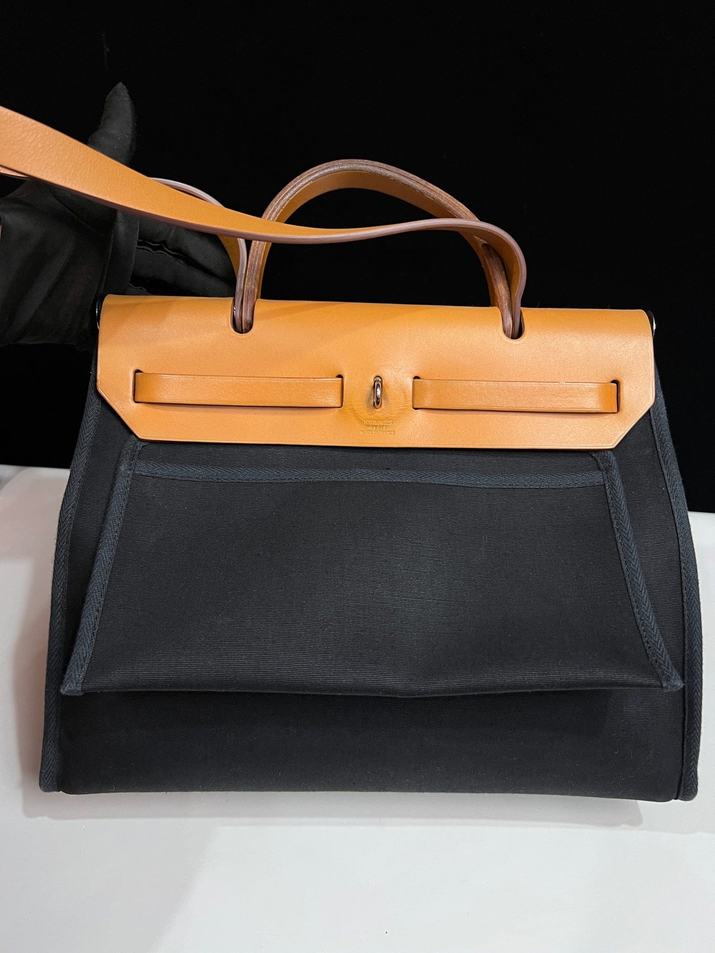 Iconn Boutique Hermès Herbag 31 Black Canvas Tan Leather Silver Hardware G Stamp