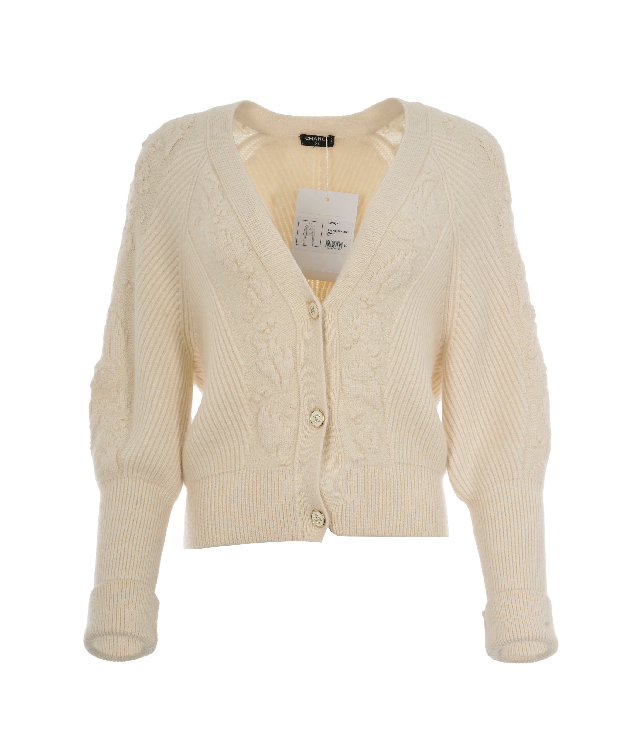 Chanel 21A Ecru Cashmere CC V-Neck Puff Sleeve Cardigan ALC1822