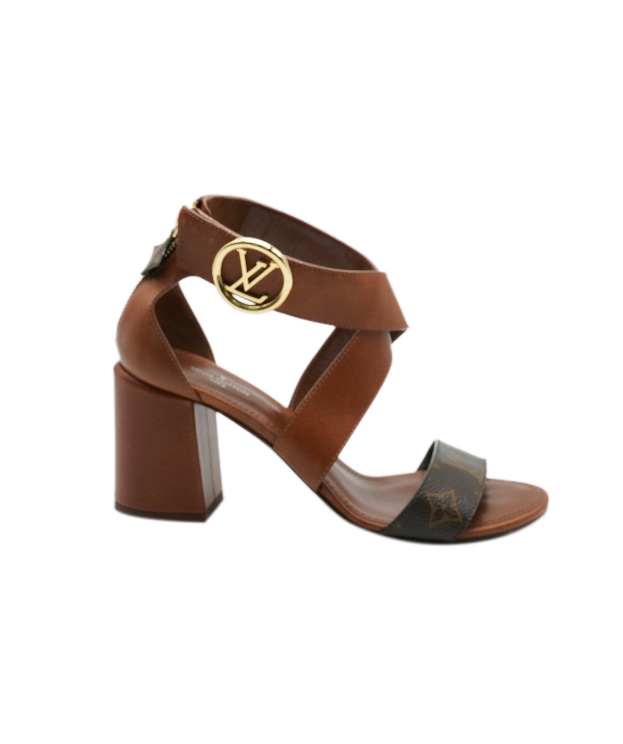 Louis Vuitton Louis Vuitton Brown Leather Monogram Sandals With Gold LV Hardware Size 37 ALC0910