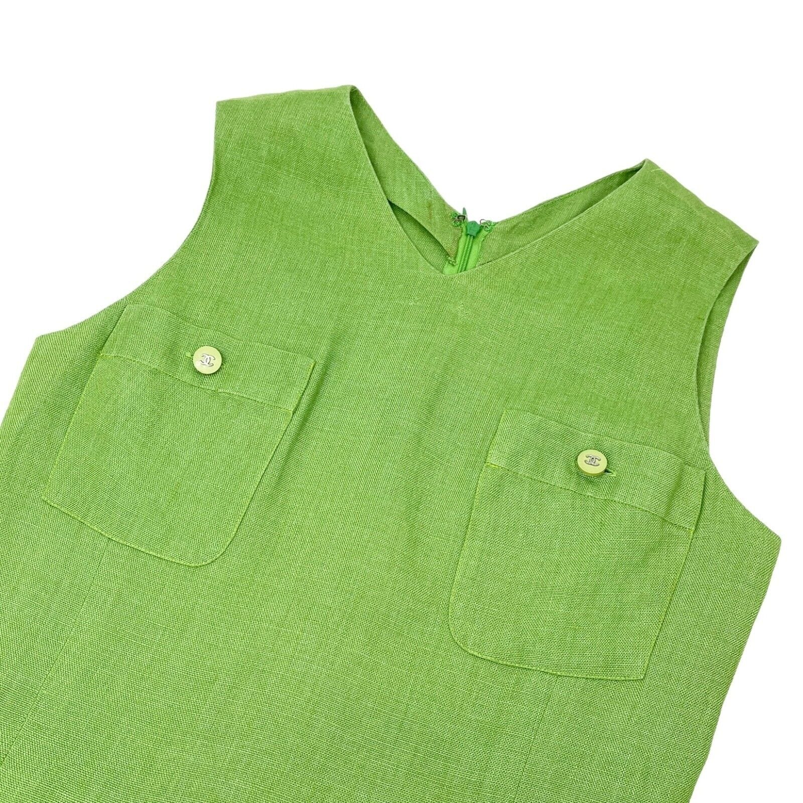 Luxury Fashion Spark CHANEL Vintage 96P CC Mark Logo Dress #38 Sleeveless Pocket Green Linen