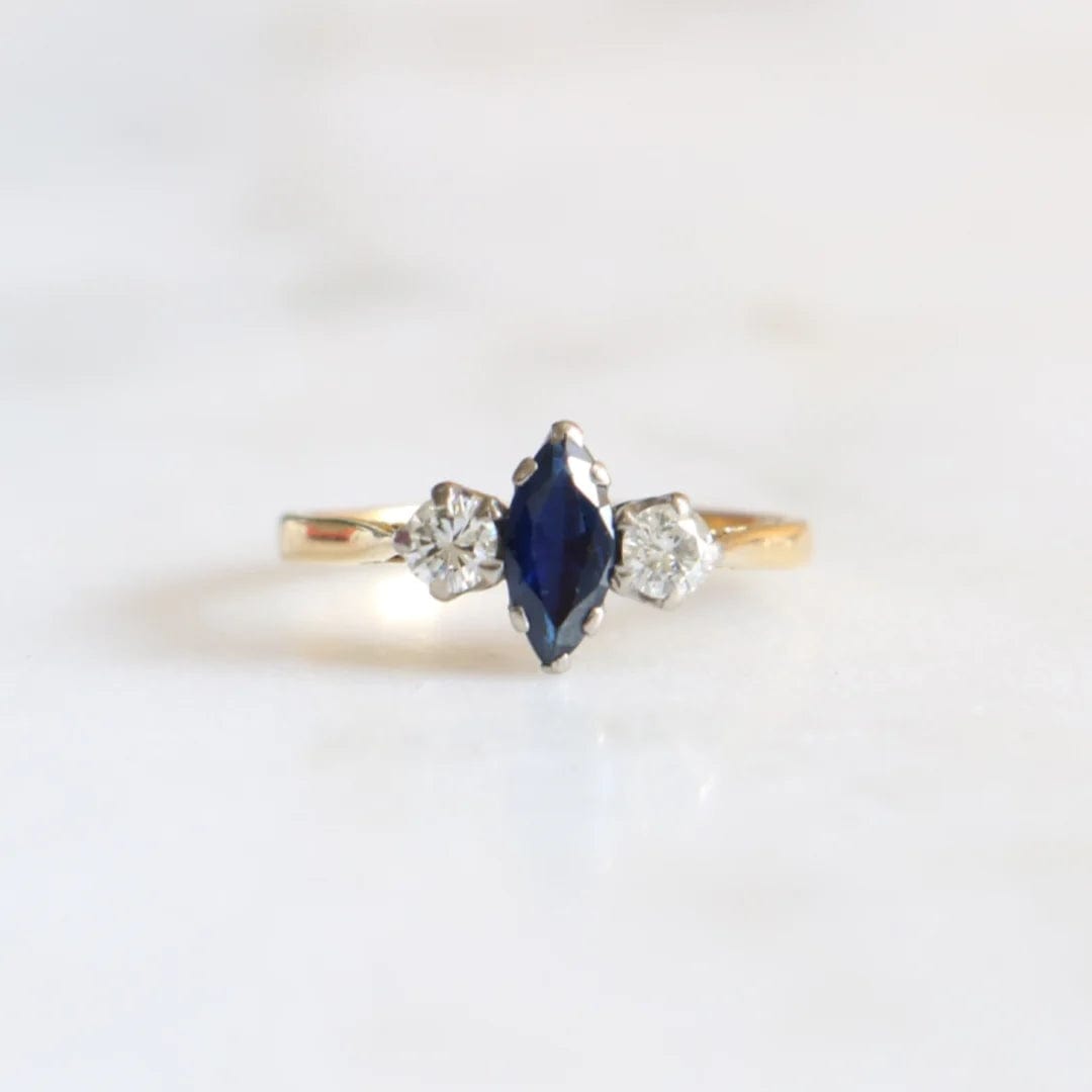 18ct Gold 1950's Marquise Sapphire and Diamond Ring ASC4252