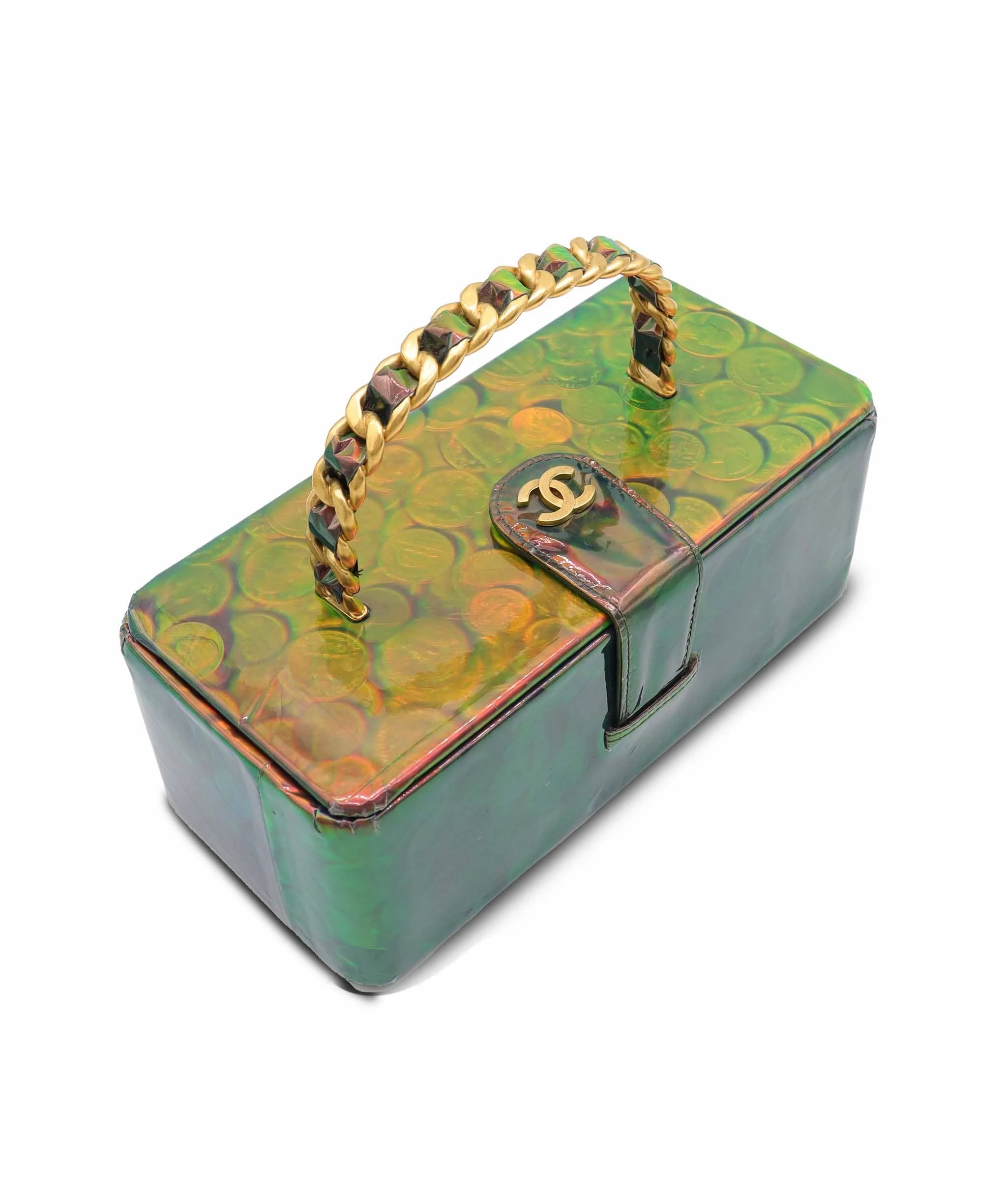 Luxury Promise CHANEL VINTAGE COIN PATTERN HAND BAG GREEN ENAMEL DXBS6374