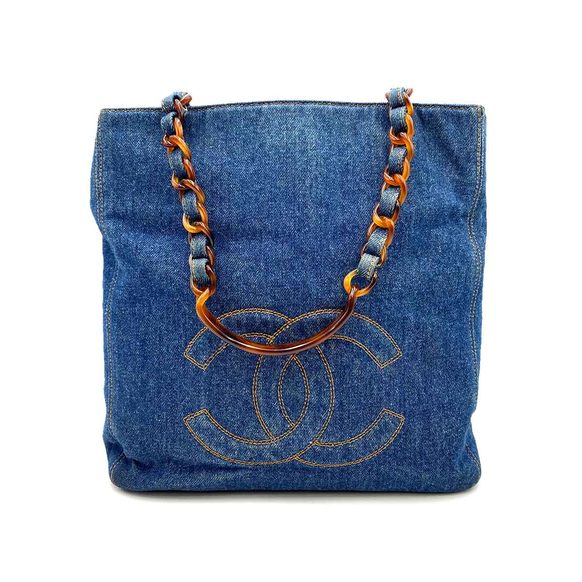 Luxury Promise CHANEL DENIM DECACOCO TORTOISESHELL HANDLE CHAIN TOTE BAG 90232434