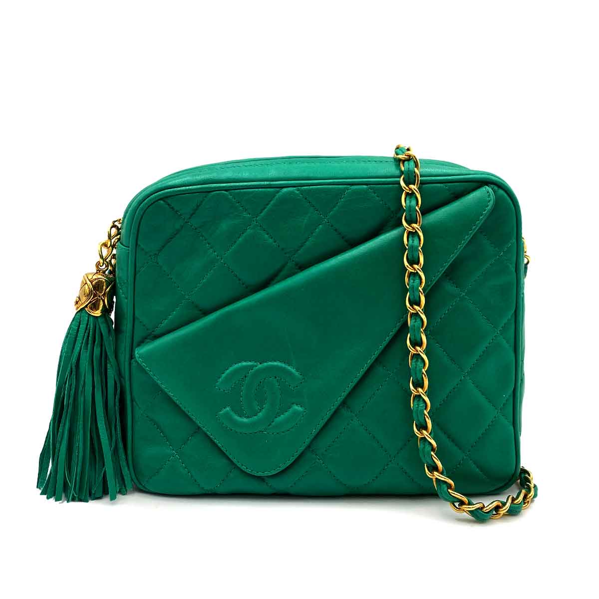 Luxury Promise CHANEL VINTAGE FRINGE CHAIN SHOULDER BAG GREEN LAMB SKIN 90234746