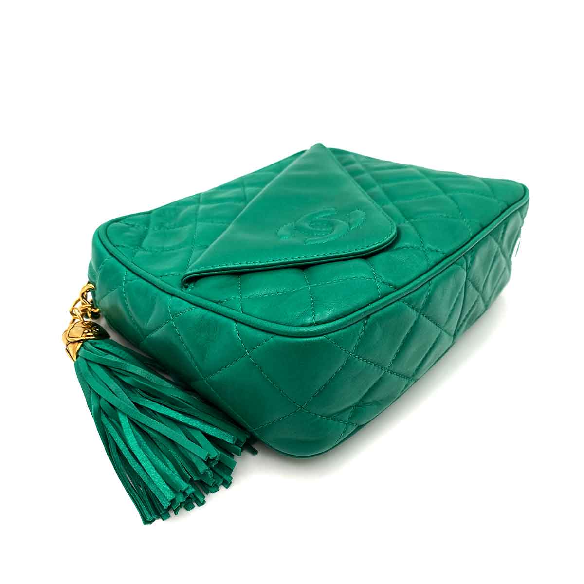 Luxury Promise CHANEL VINTAGE FRINGE CHAIN SHOULDER BAG GREEN LAMB SKIN 90234746