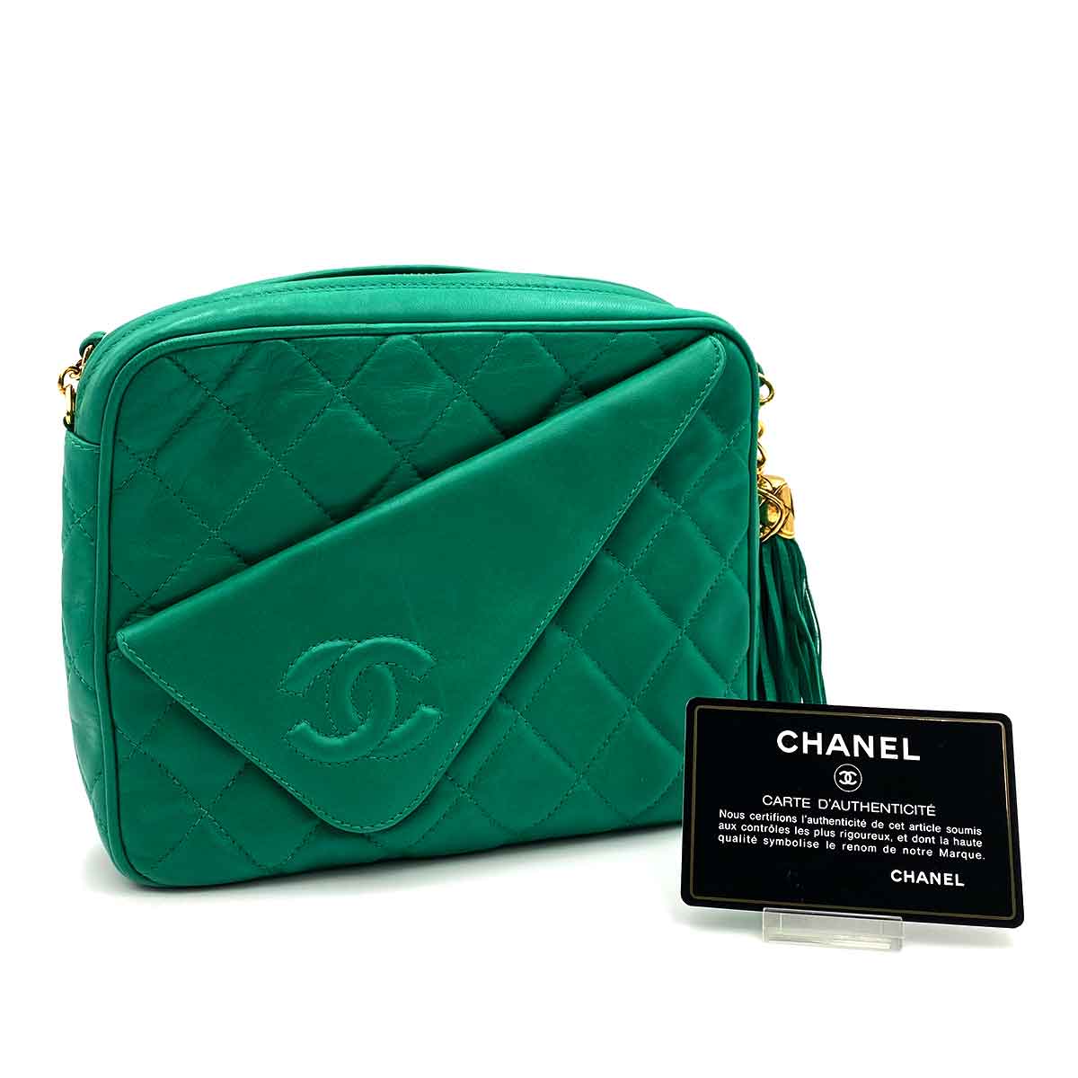 Luxury Promise CHANEL VINTAGE FRINGE CHAIN SHOULDER BAG GREEN LAMB SKIN 90234746