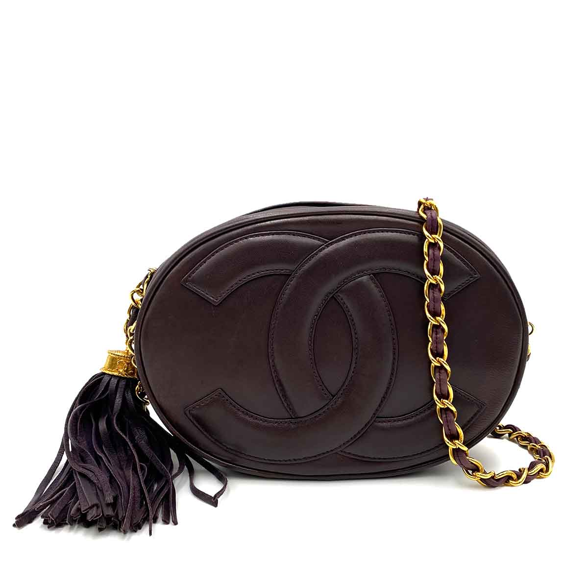 Luxury Promise CHANEL VINTAGE FRINGE ROUND CHAIN SHOULDER BAG BROWN LAMB SKIN 90232432