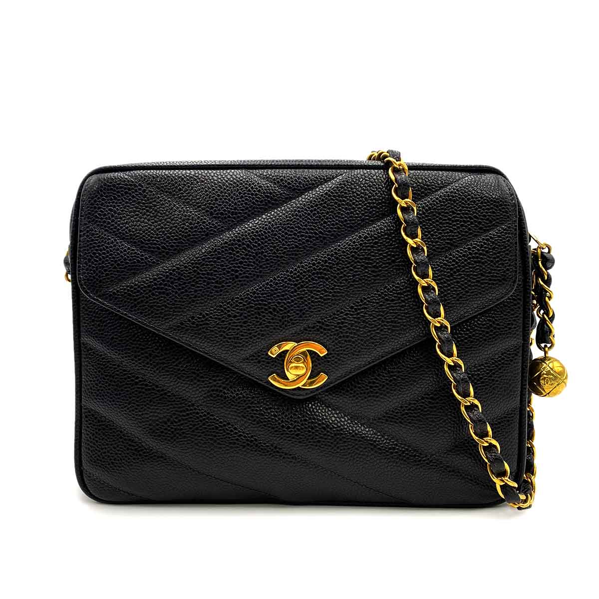 Luxury Promise CHANEL VINTAGE MINI CHEVRON CHAIN SHOULDER BAG BLACK CAVIAR SKIN 90231930