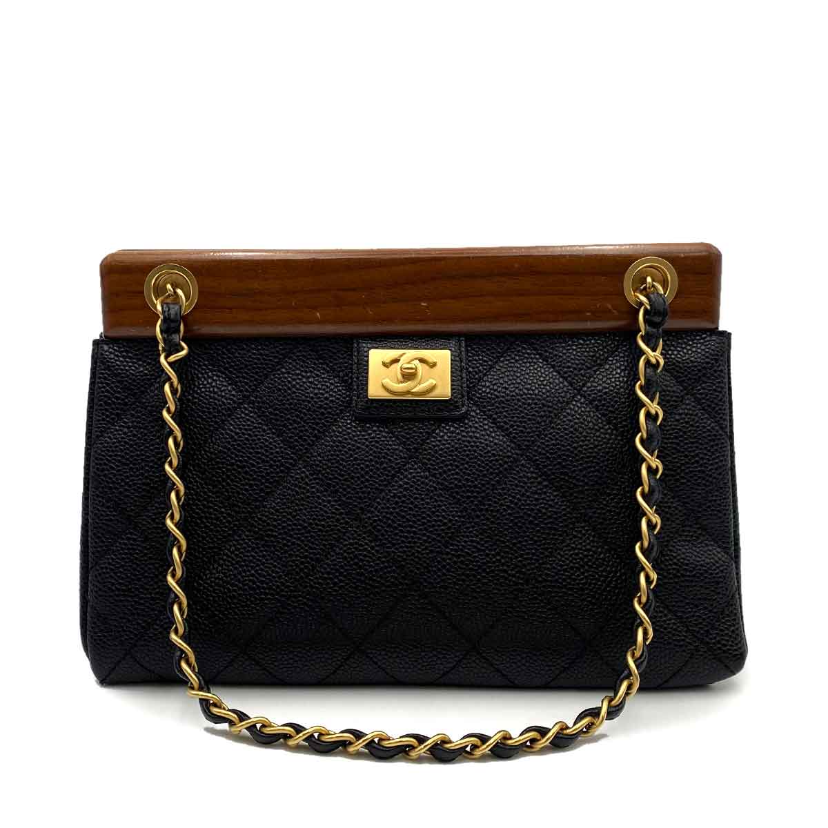 Luxury Promise CHANEL VINTAGE WOOD FLAP CHAIN SHOULDER BAG BLACK CAVIAR SKIN 90233670