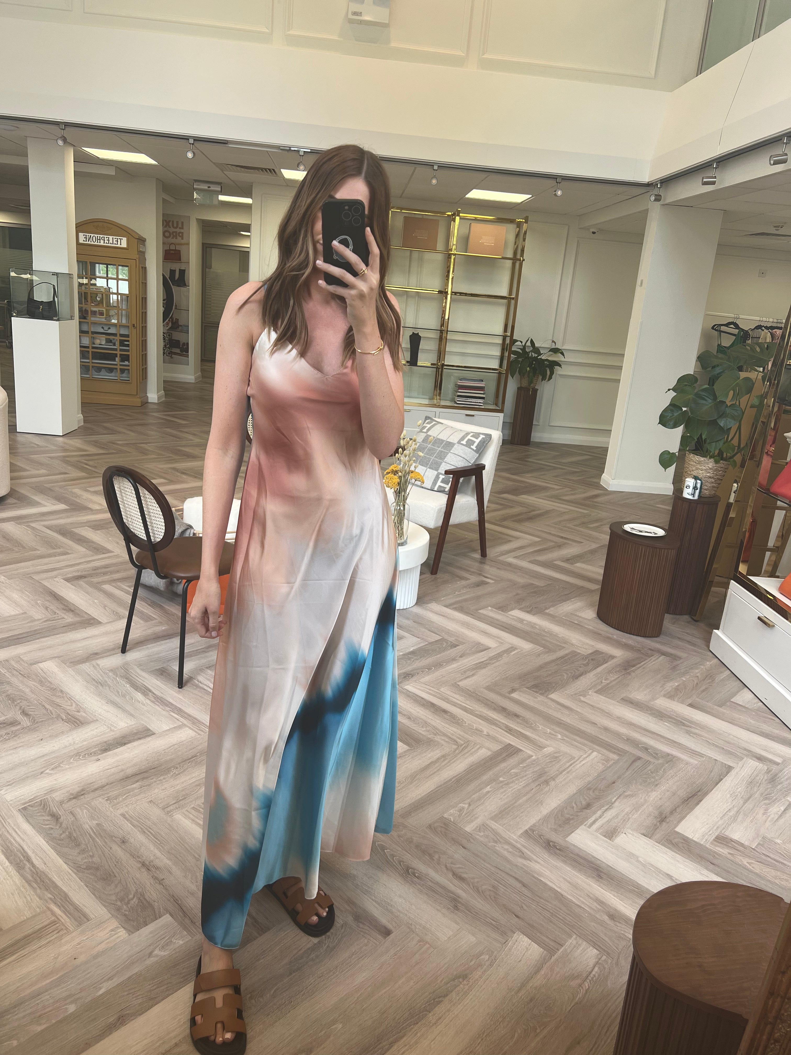 Bahamas Nude/Blue Silk Maxi Dress AVL1223