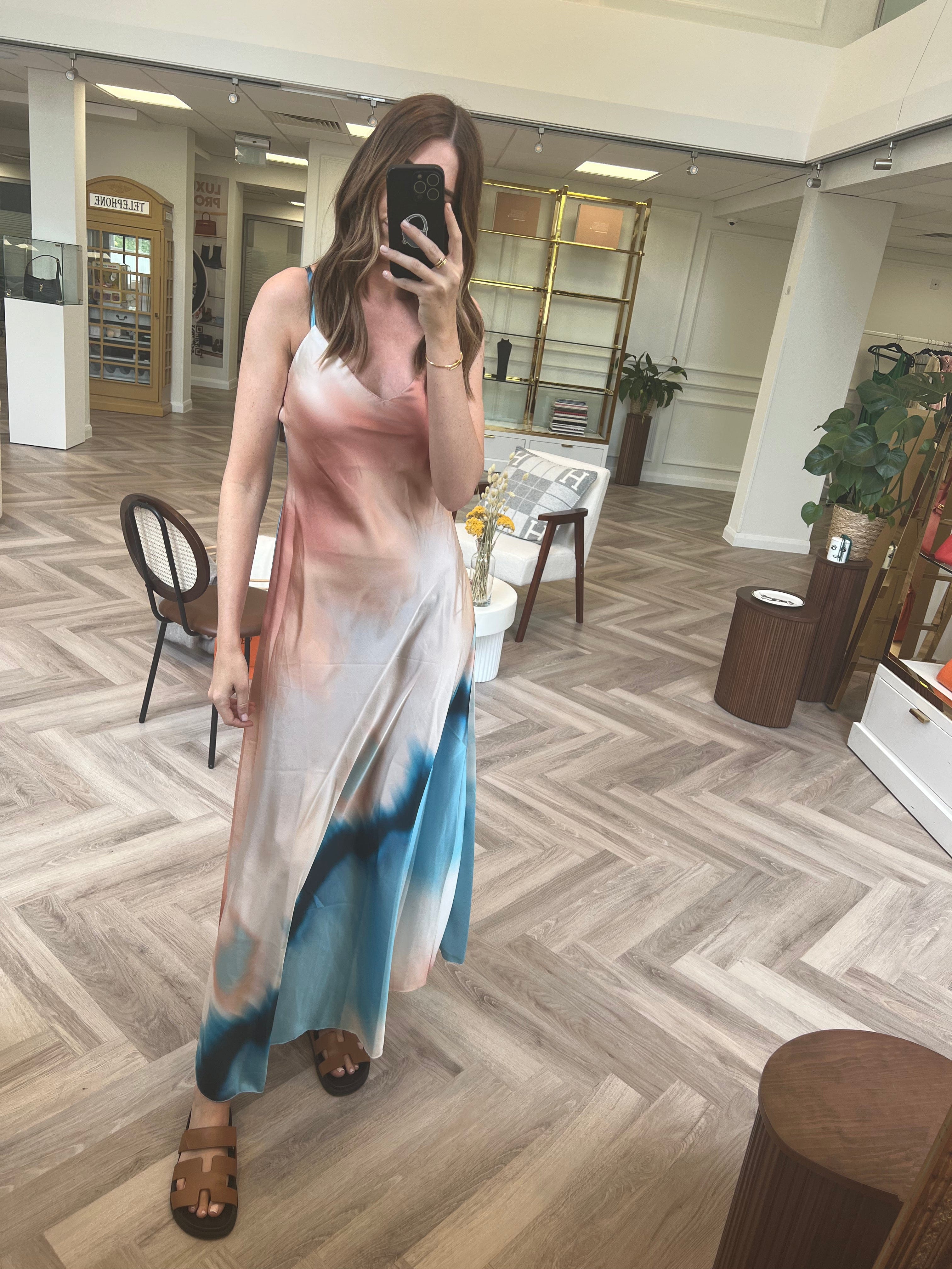 Bahamas Nude/Blue Silk Maxi Dress AVL1223