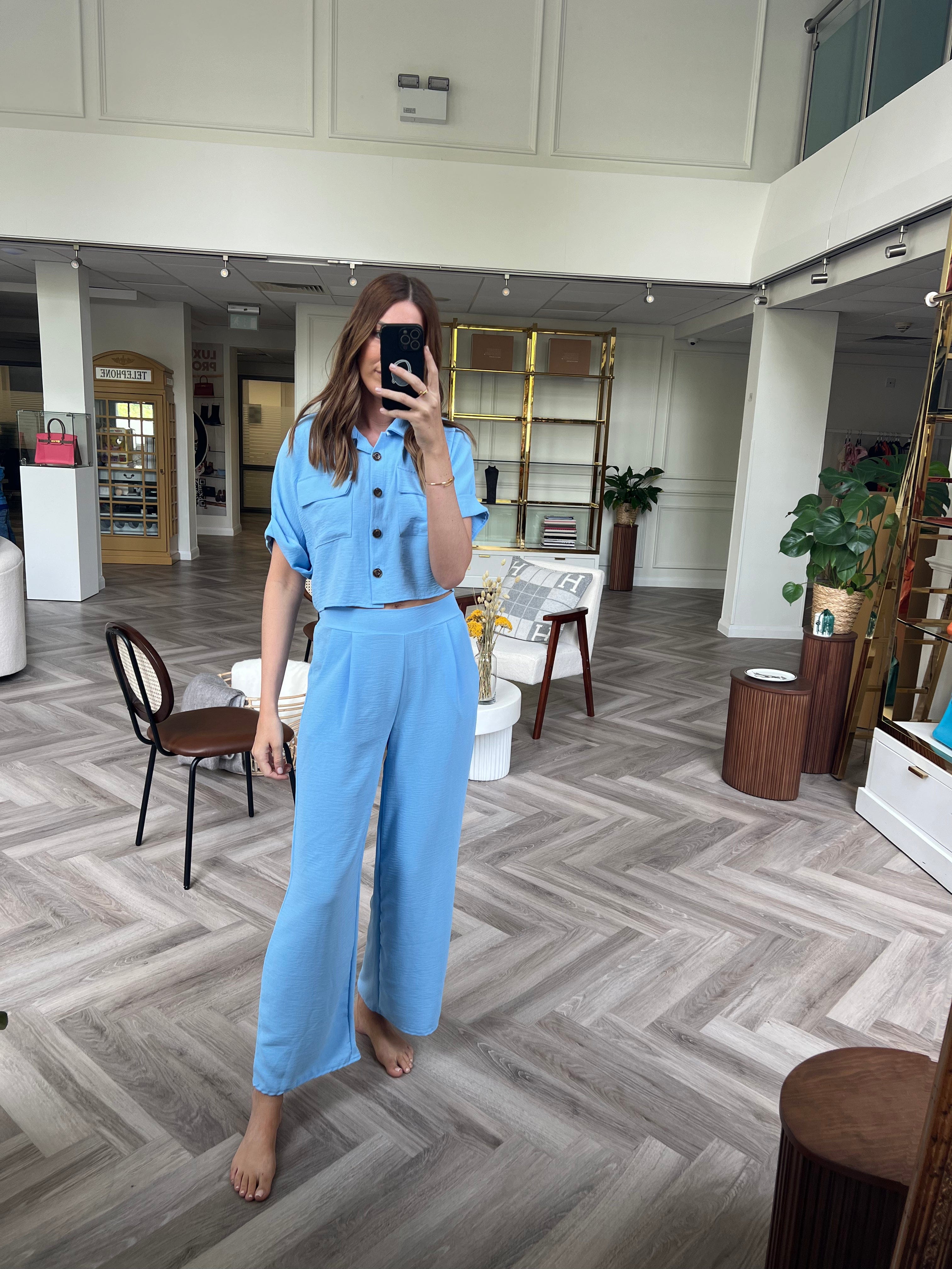 Luxury Promise Ella Baby Blue Crop Shirt/Trouser Set AVL1199