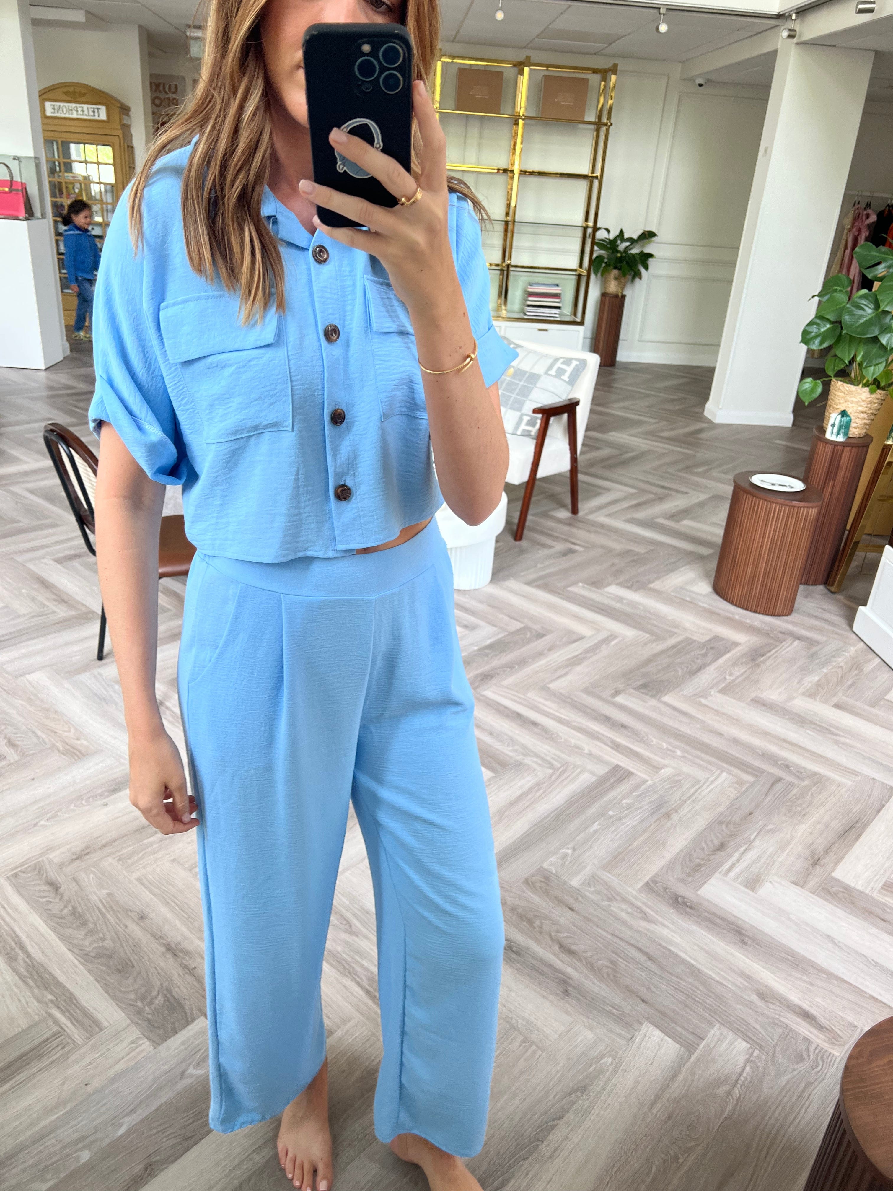 Luxury Promise Ella Baby Blue Crop Shirt/Trouser Set AVL1199