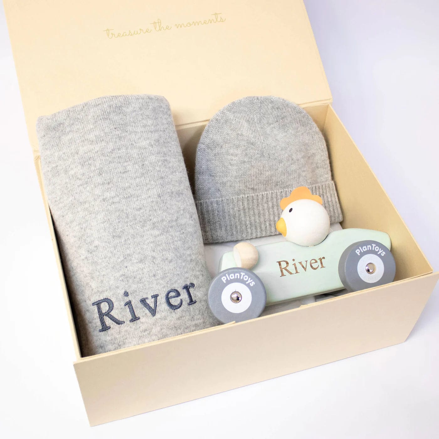 Luxury Promise Fine knit grey cashmere blanket+beanie with wooden race cars in choice of chick or bunny AVC1354