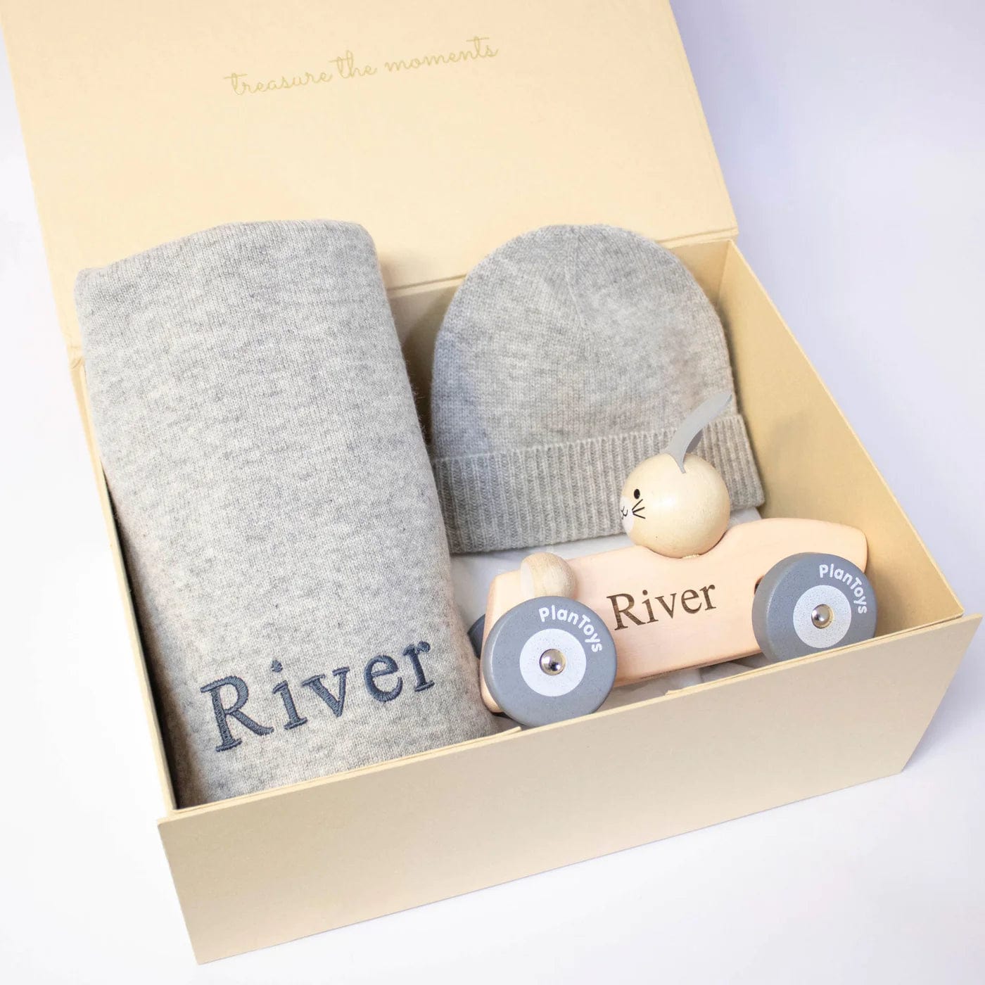 Luxury Promise Fine knit grey cashmere blanket+beanie with wooden race cars in choice of chick or bunny AVC1354